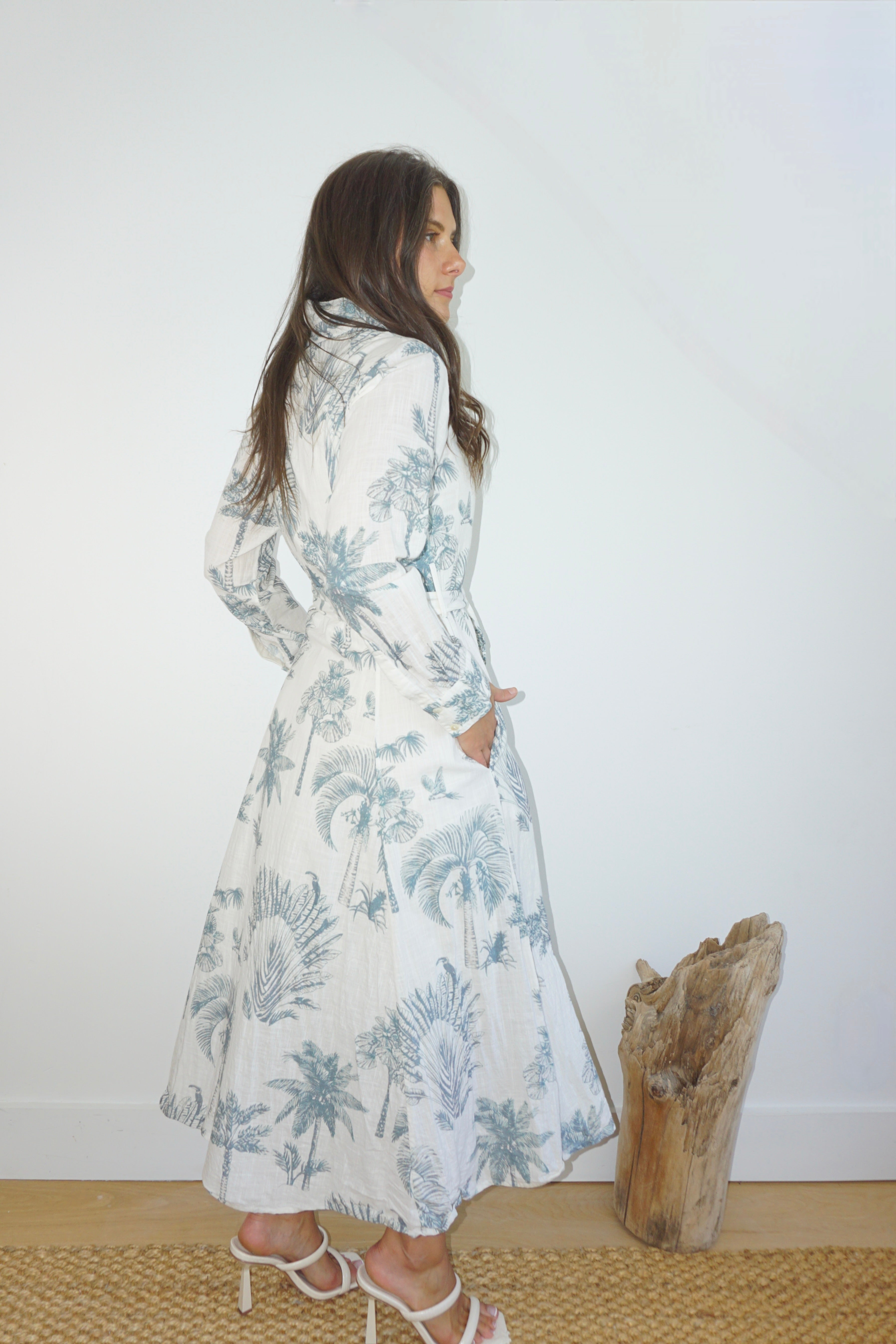 Sierra Dress in Faded Teal Palms