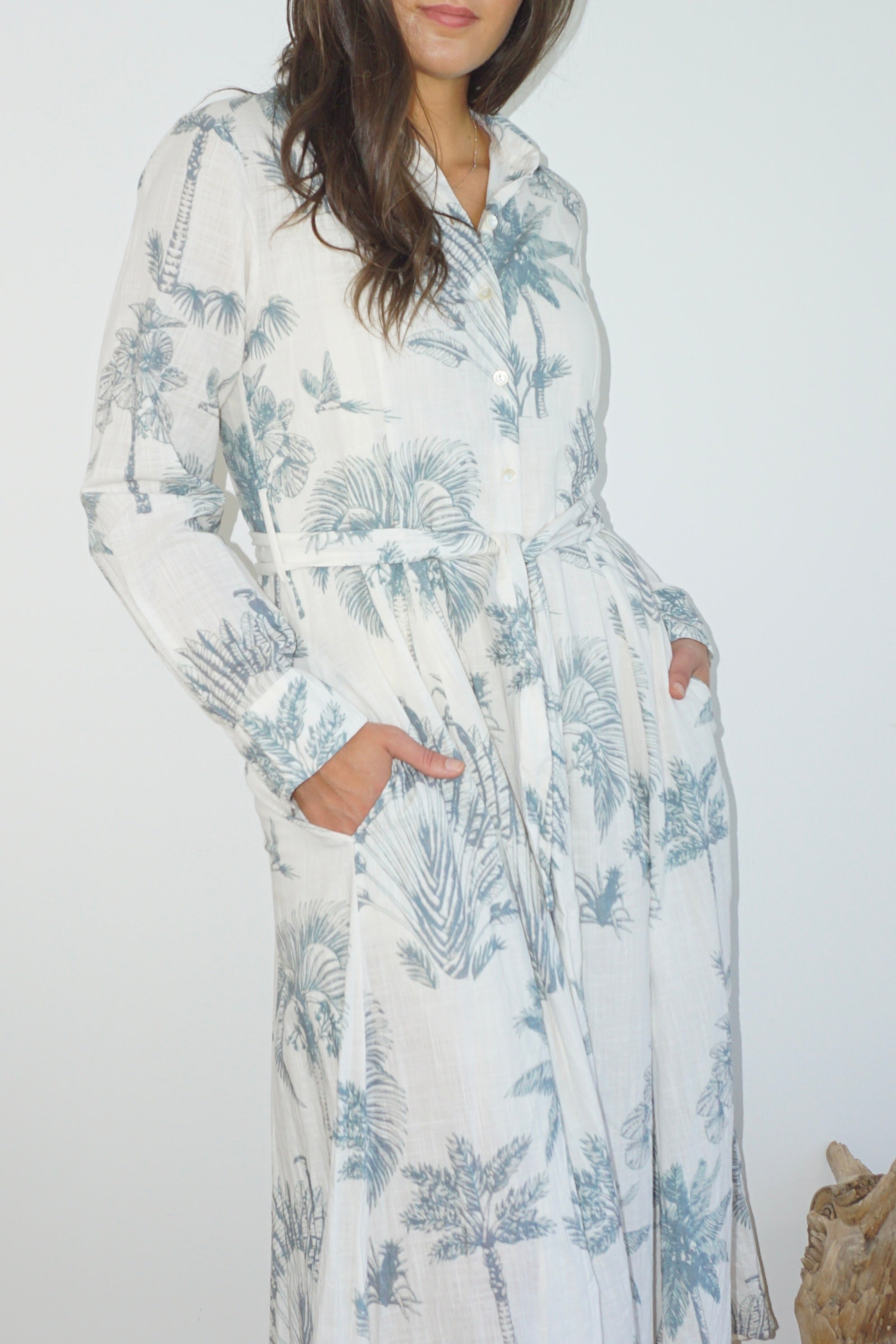 Sierra Dress in Faded Teal Palms