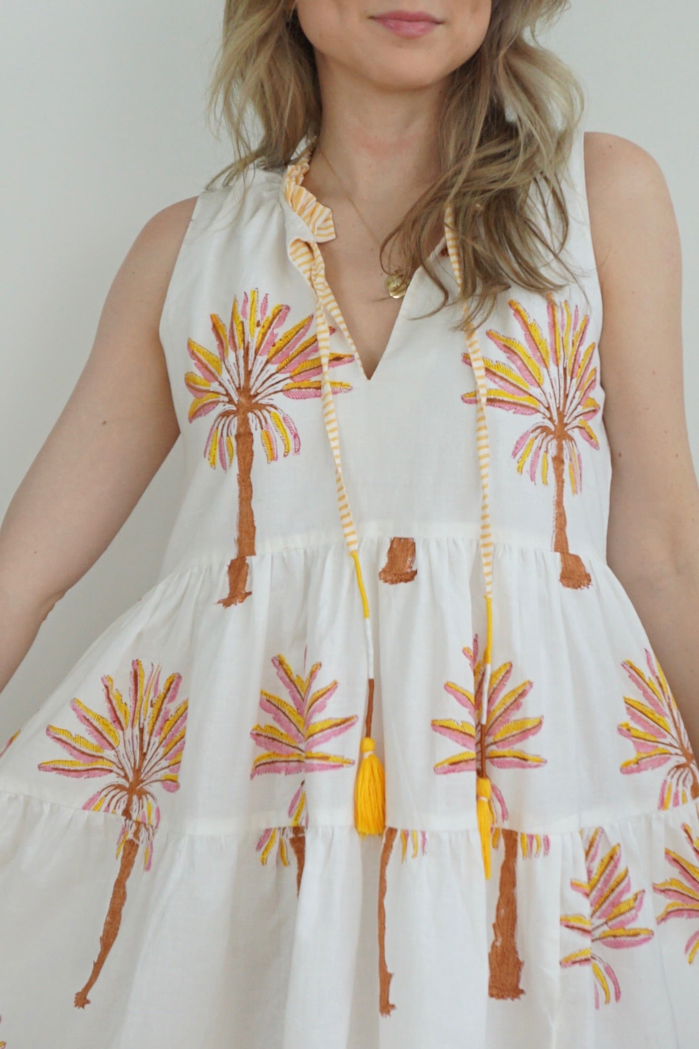 Molly Mini Dress - Yellow/Pink Palms
