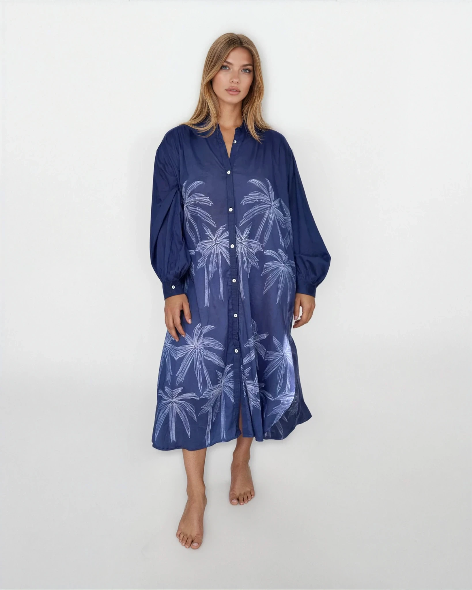 Luna Maxi Shirt Dress - Navy Palm Shibori