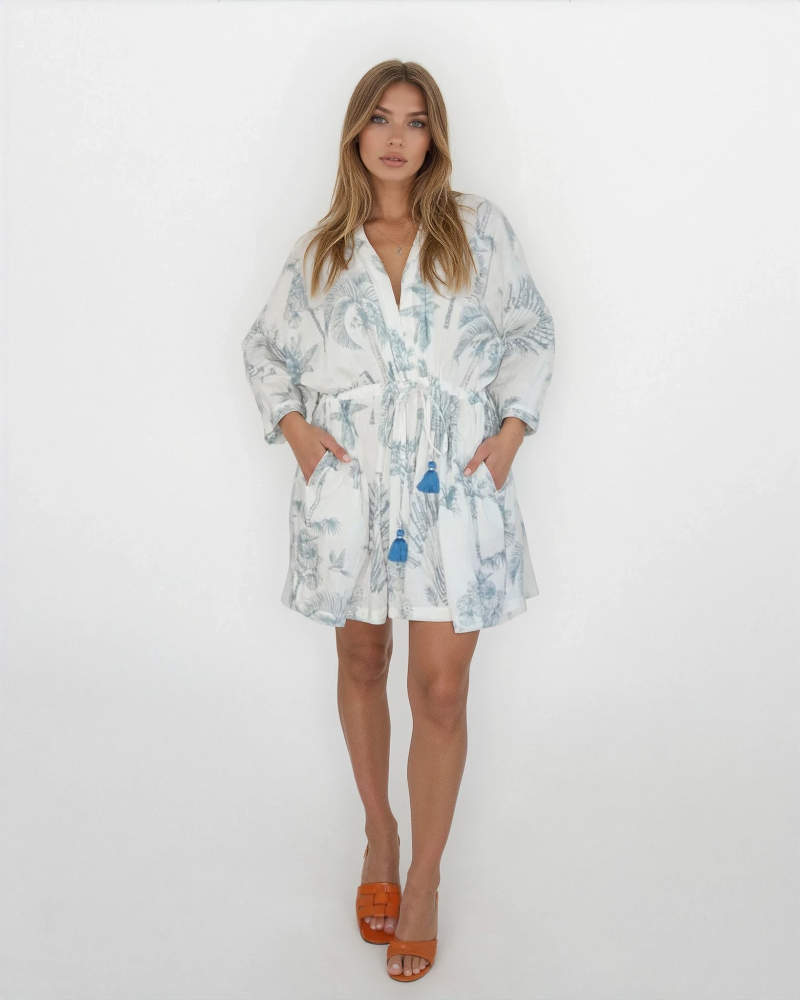 Savannah Kaftan in Faded Teal Palms