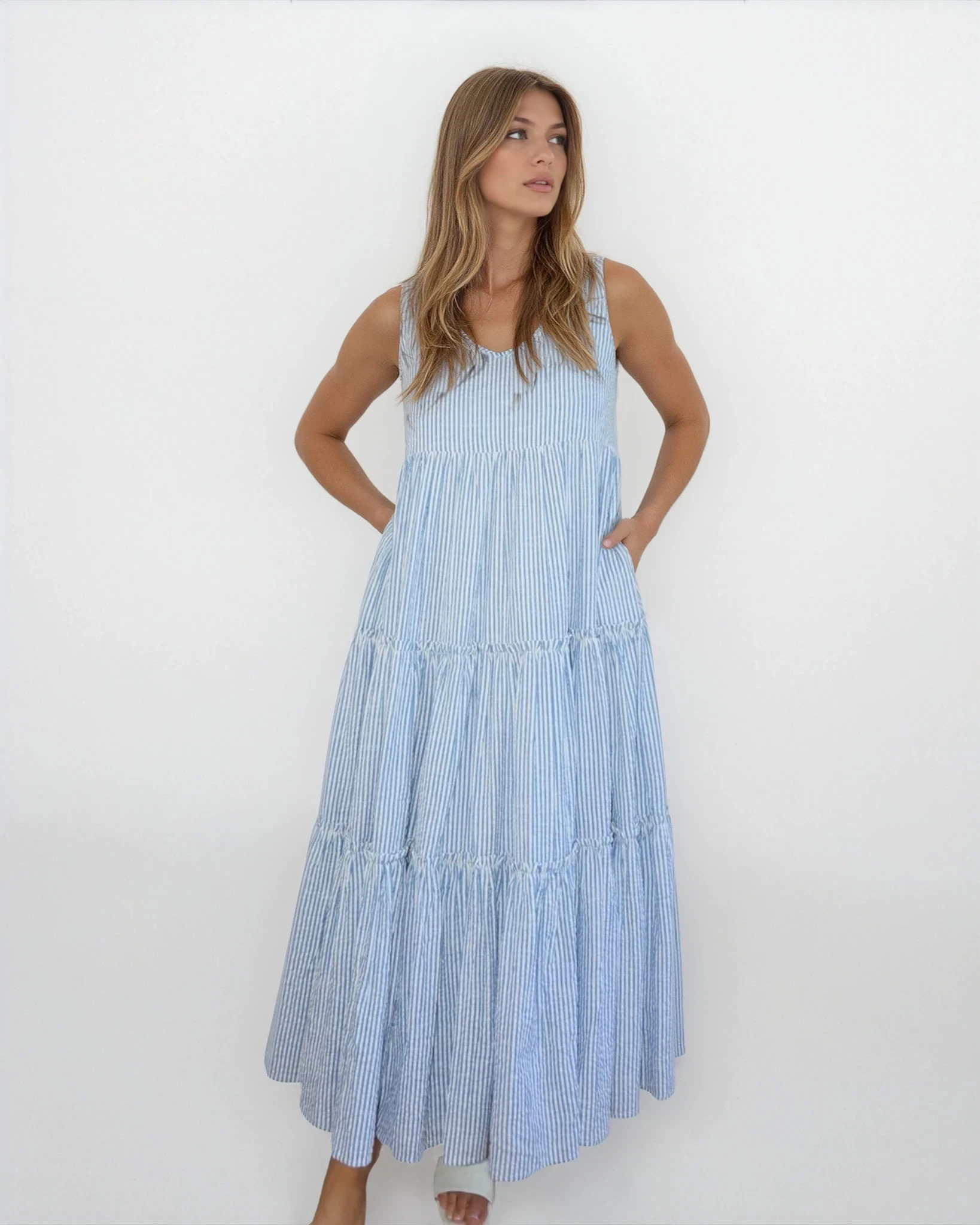 Donna Tiered Maxi Dress in Seersucker