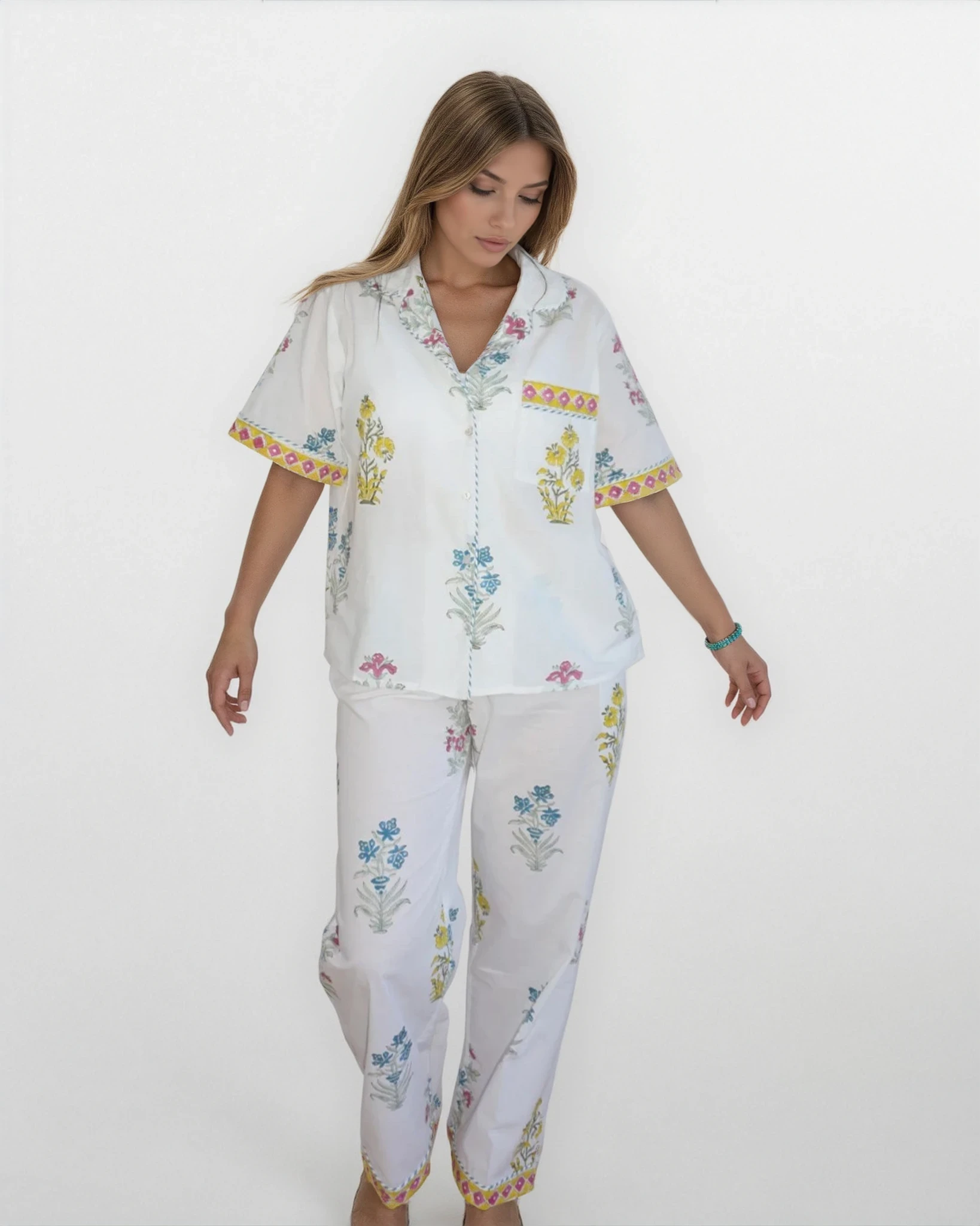 Pj Set - Short Sleeve Long Pant in Multi Print Floral