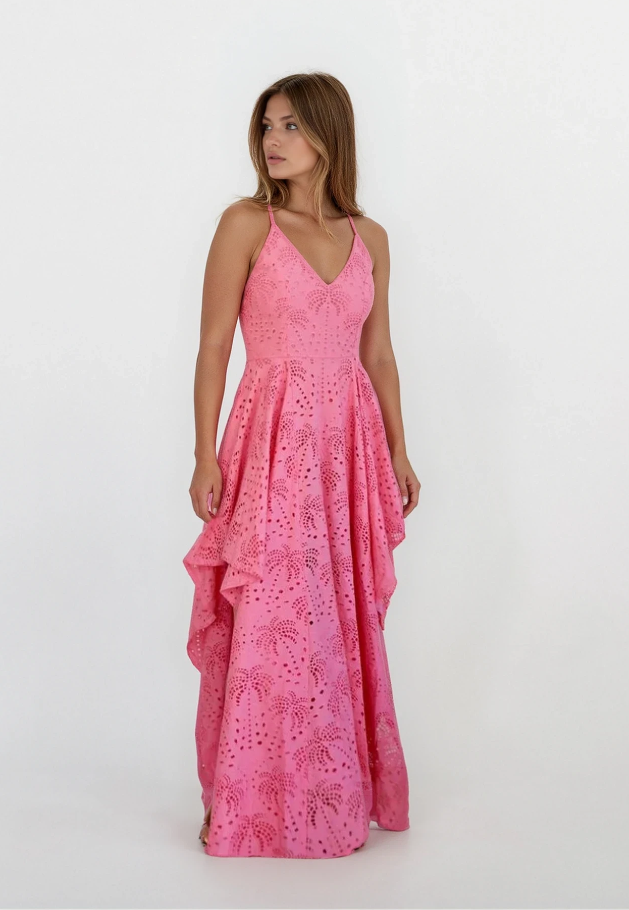 Palm Eyelet Cross Back Dress - Pink