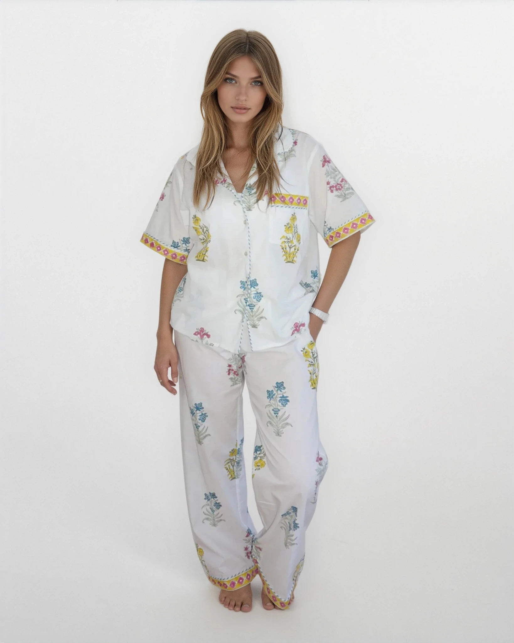 Pj Set - Short Sleeve Long Pant in Multi Print Floral