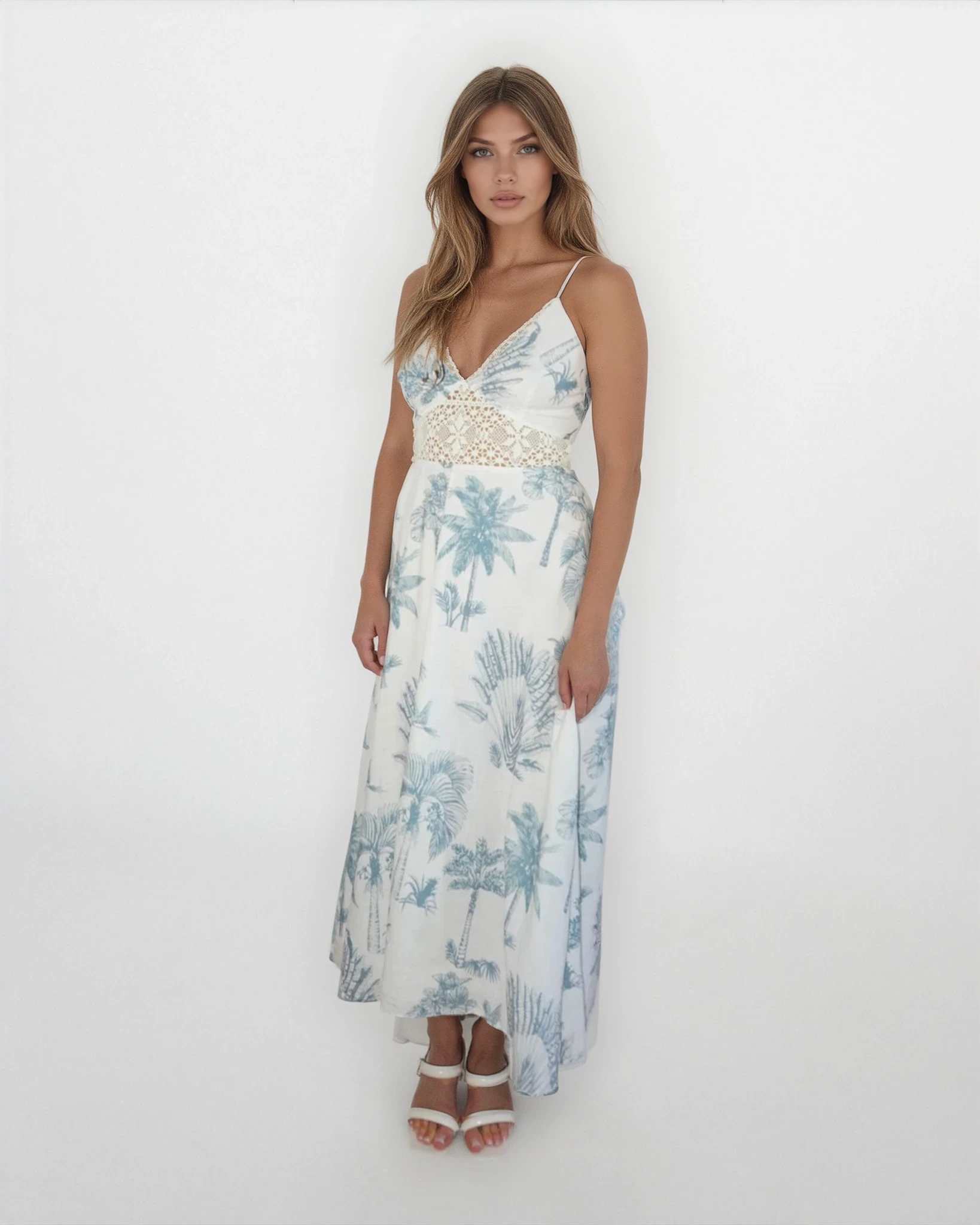 Isabella Dress in Faded Teal Palms