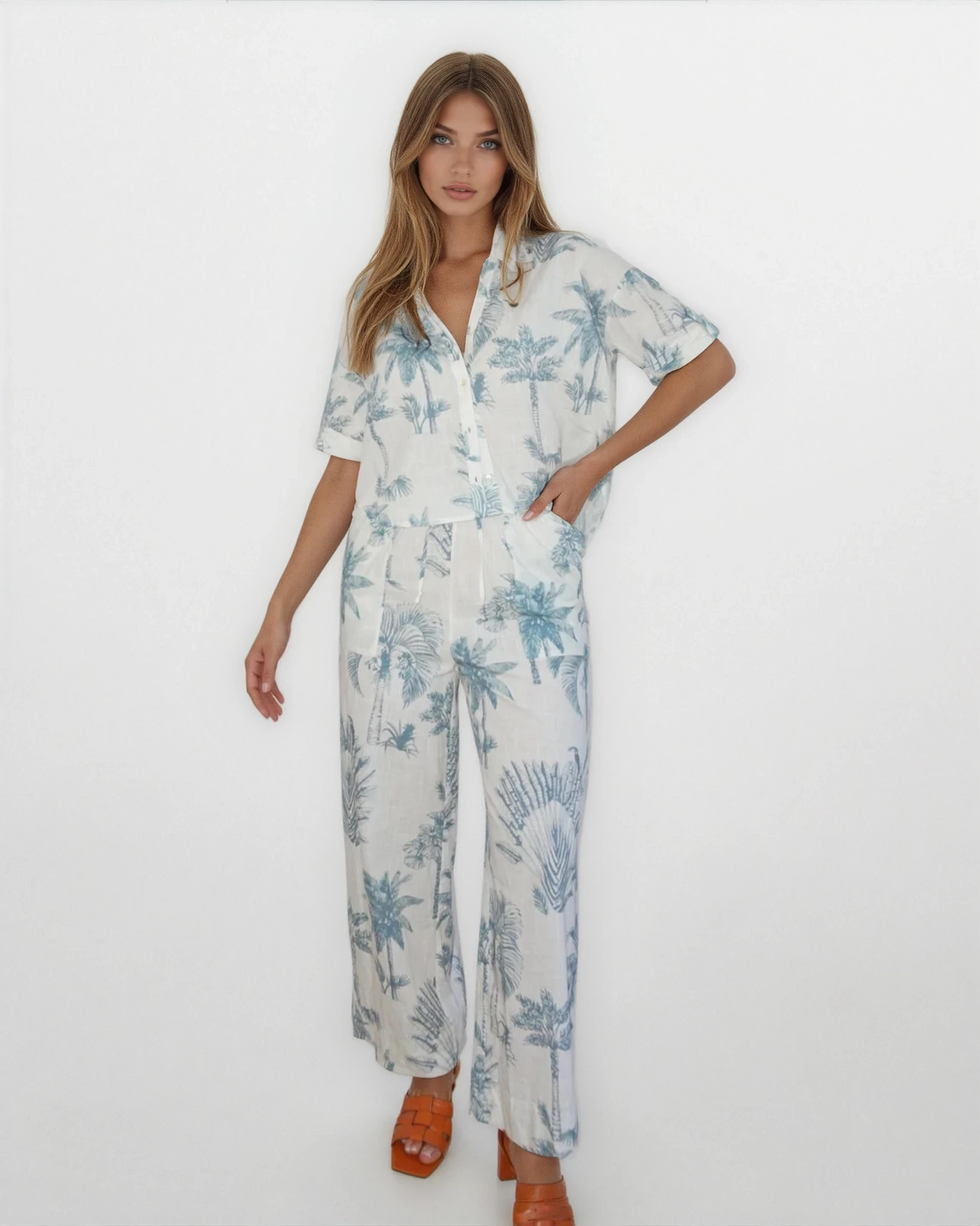 Brenna Pant in Faded Teal Palms