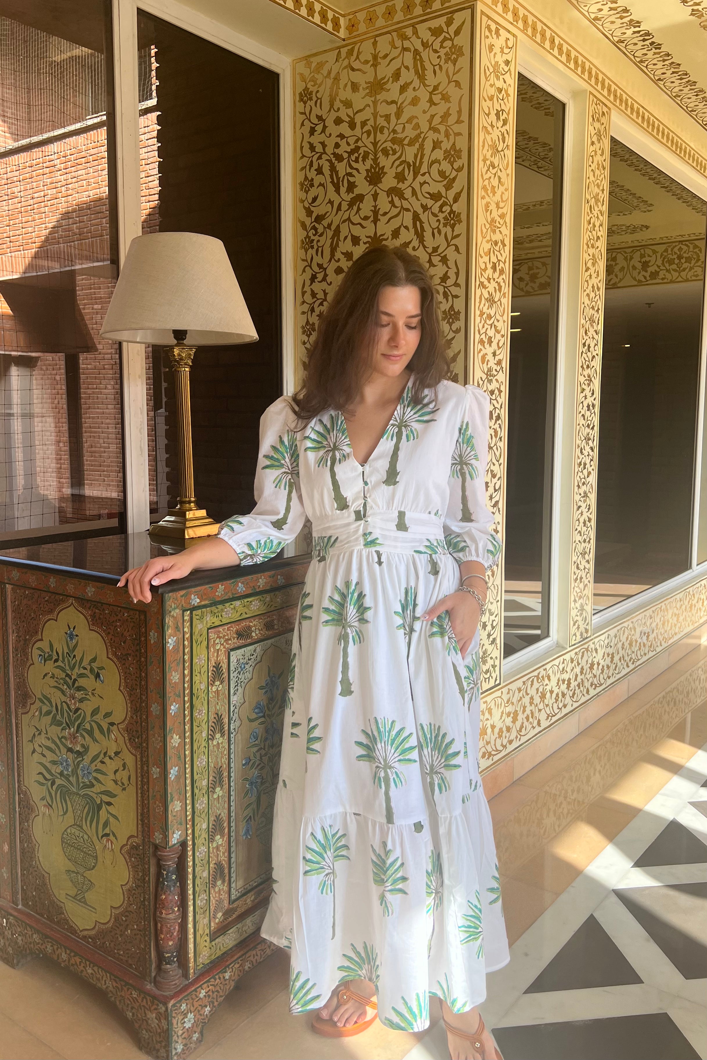 Eloise Midi Dress - Green Palms