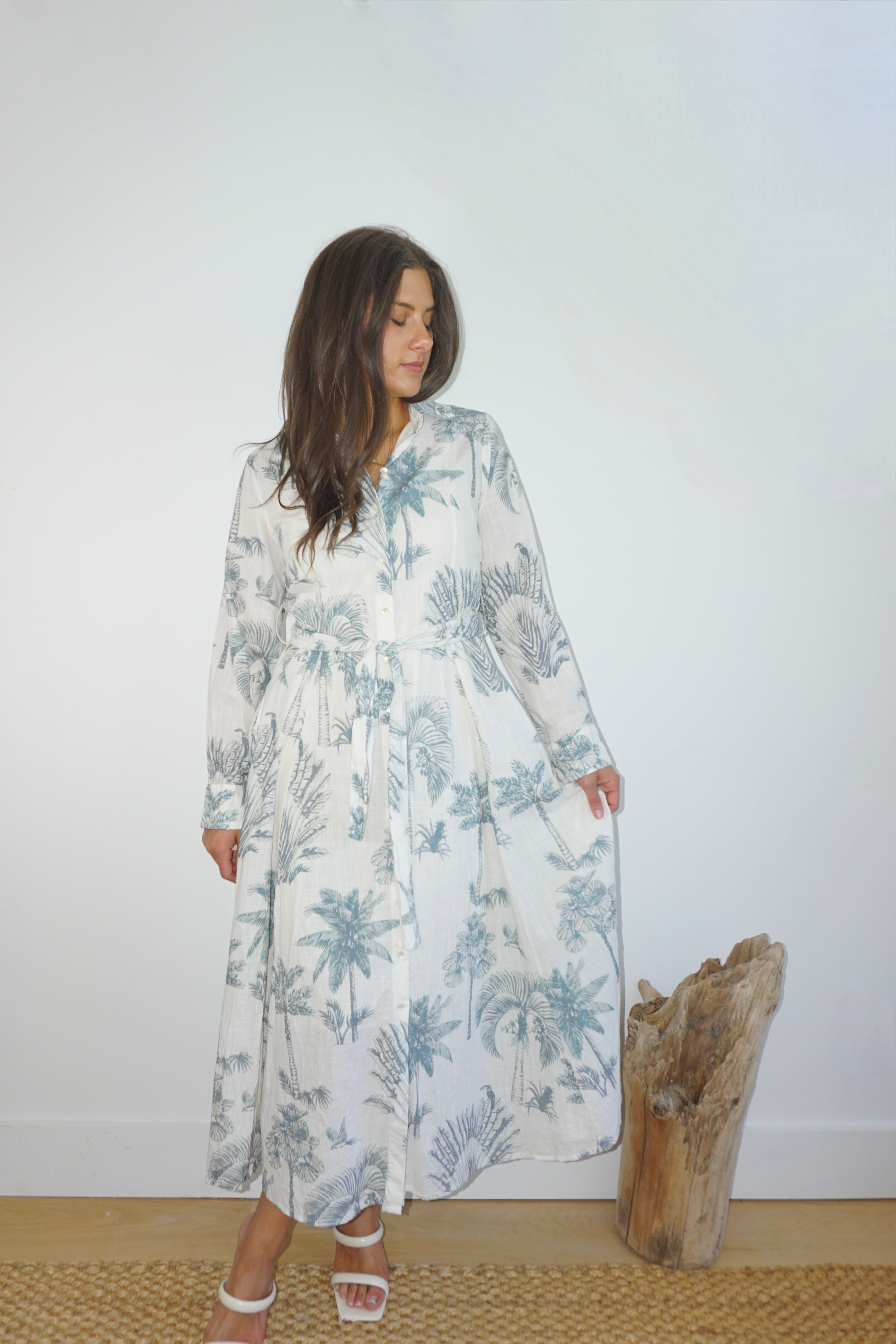 Sierra Dress in Faded Teal Palms
