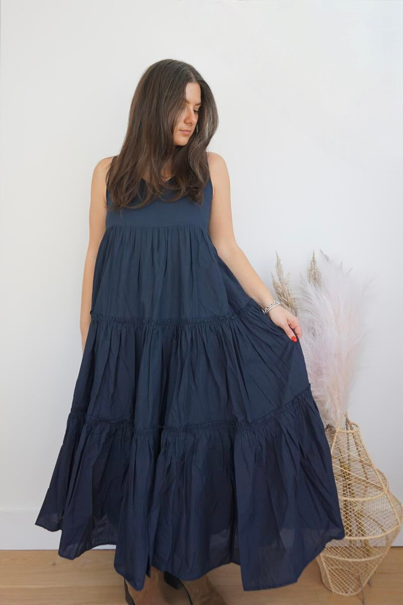 Donna Tiered Maxi Dress in Navy Poplin