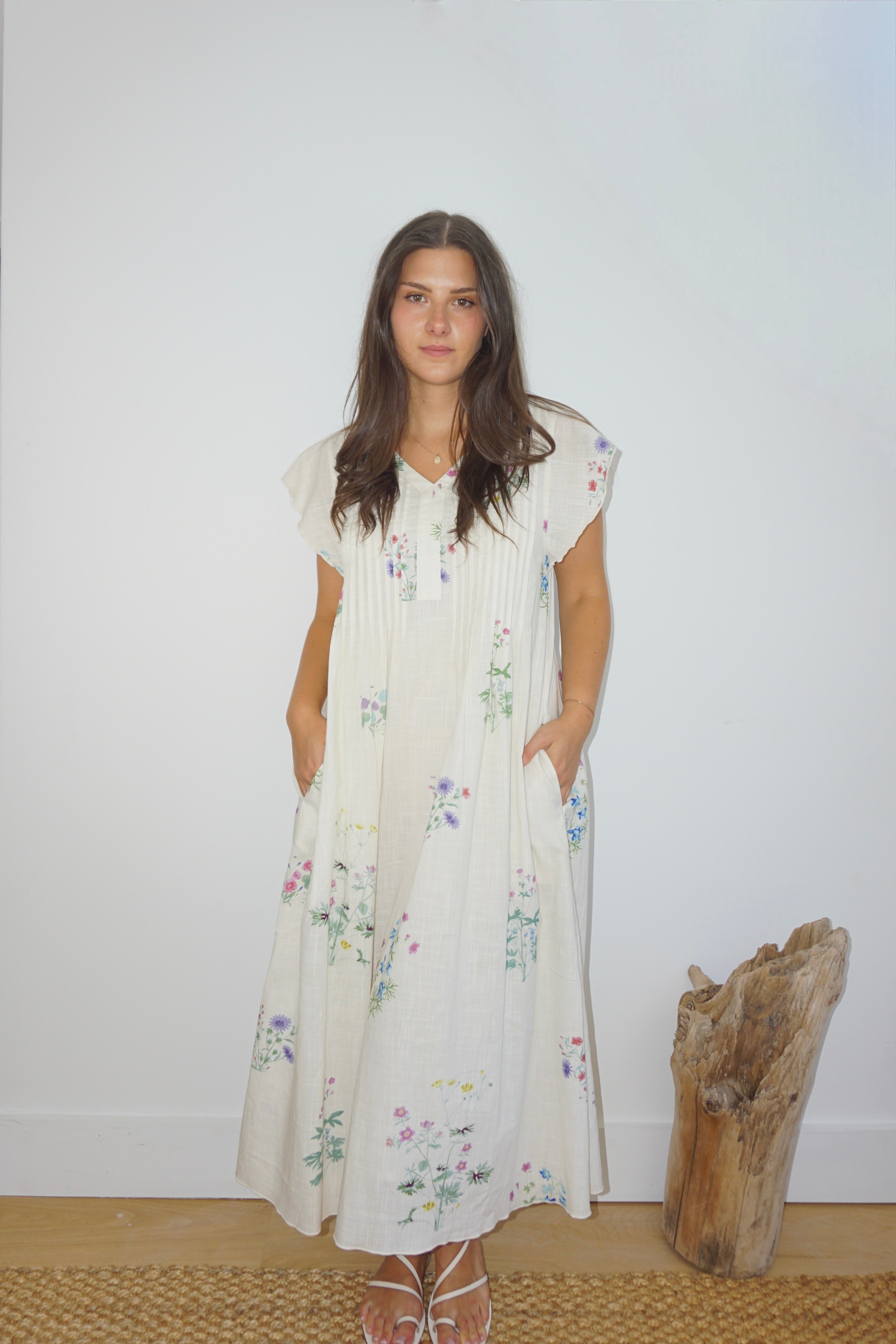 Doris Midi Dress in Cream Botanical