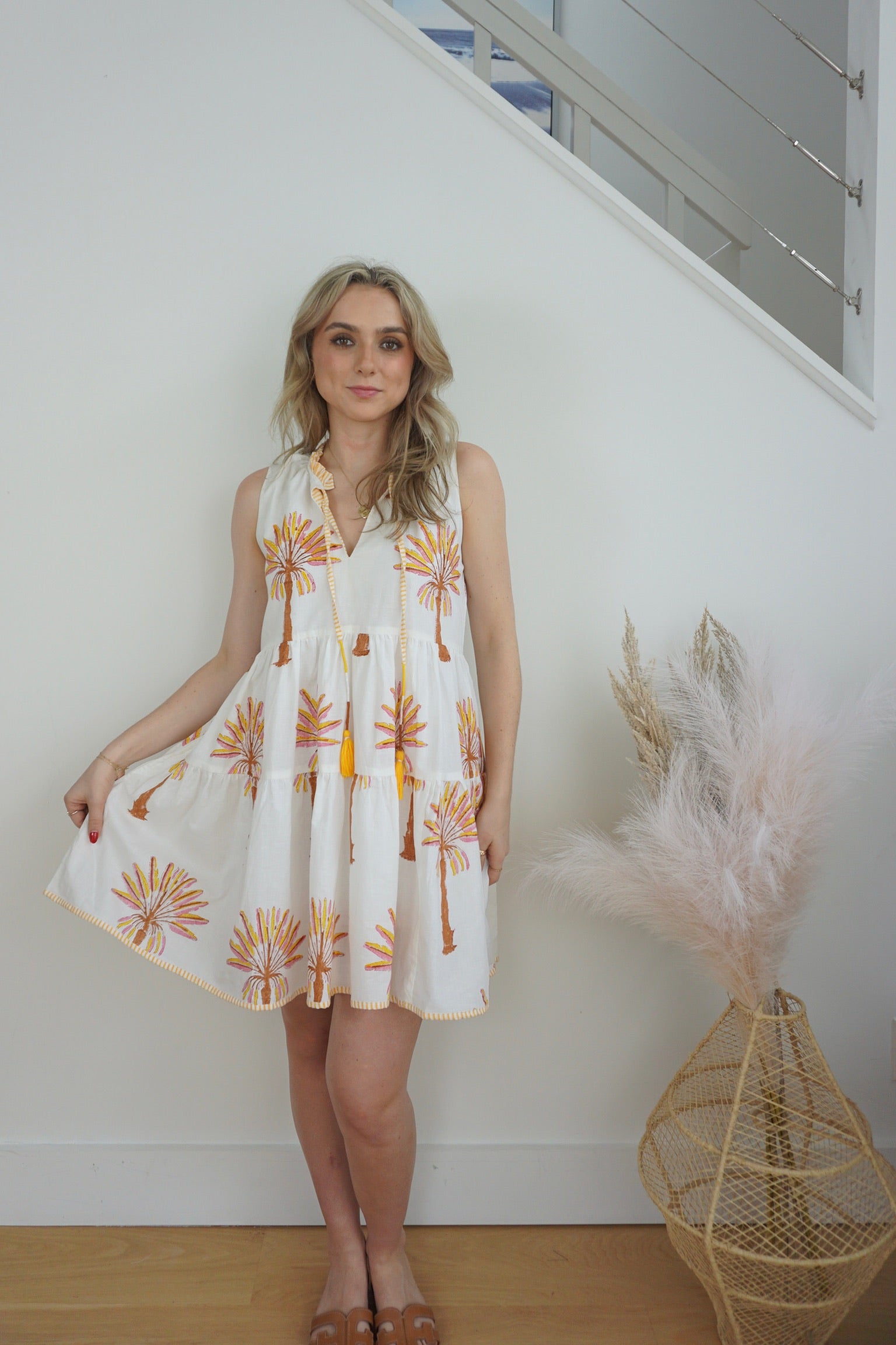 Molly Mini Dress - Yellow/Pink Palms