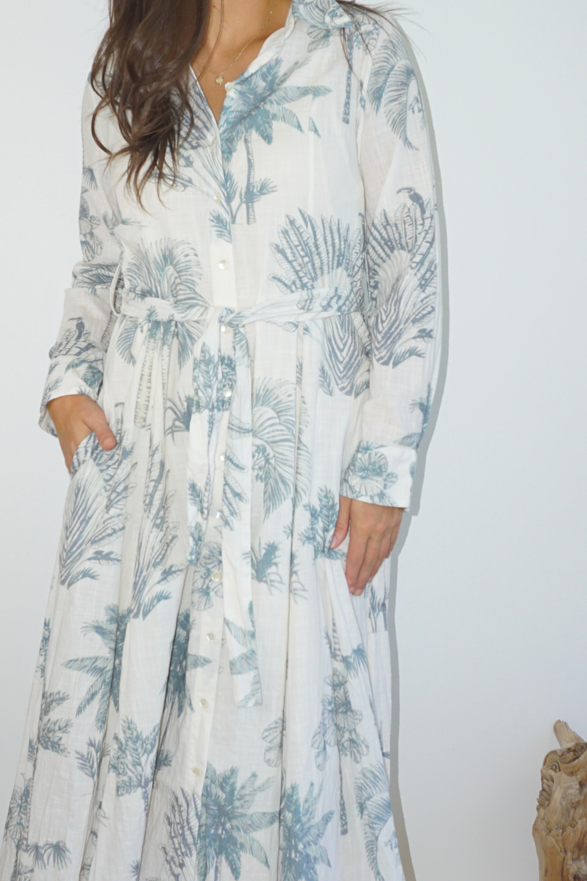 Sierra Dress in Faded Teal Palms