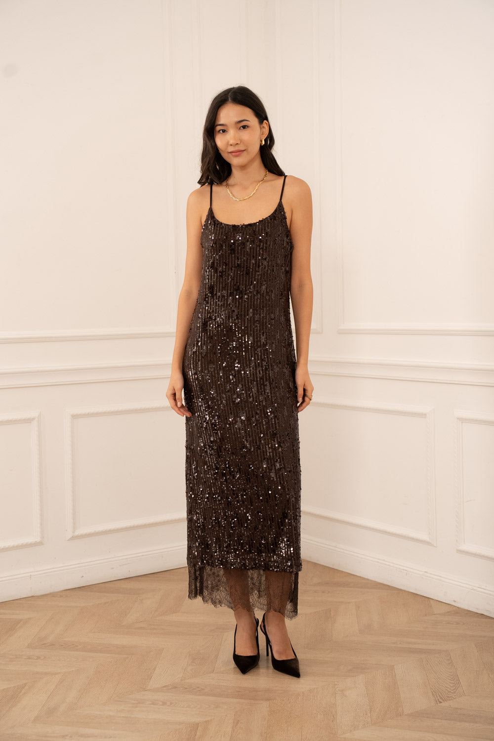 sequin lace slip dress La Fuori Julia Sequin Slip Dress in Maroon