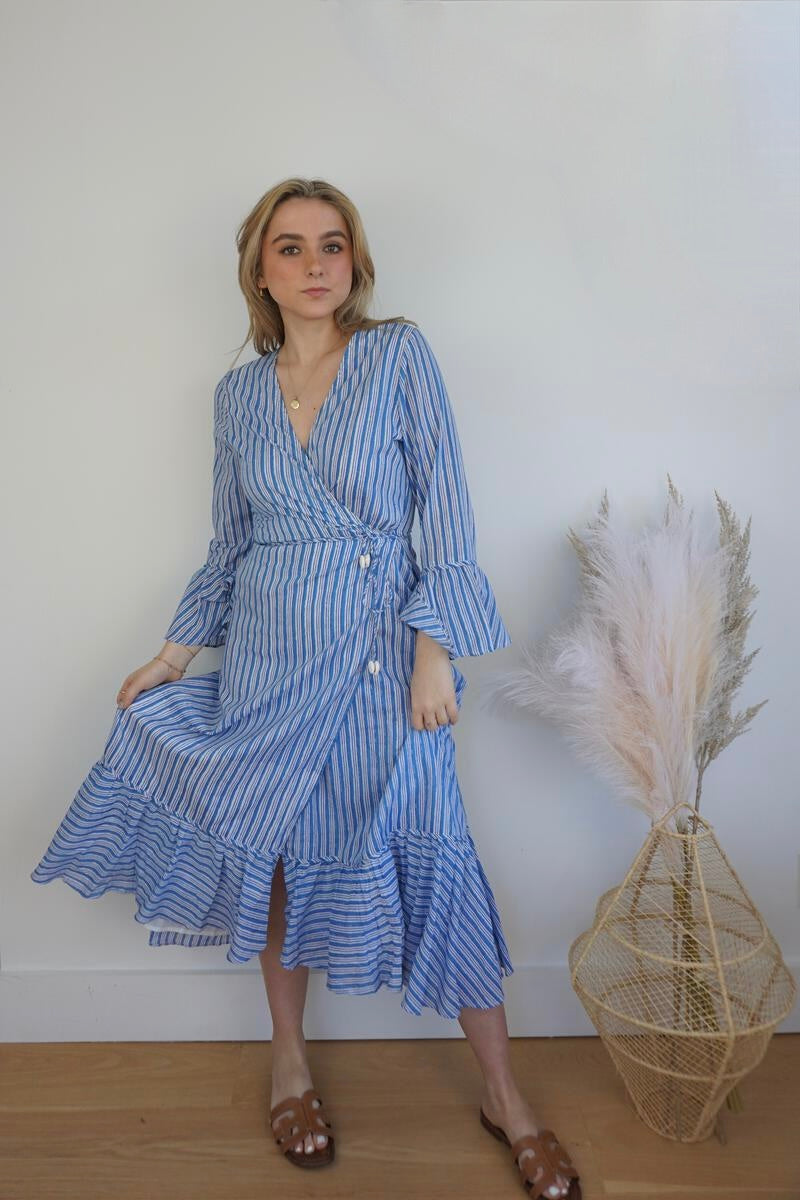 Rhode Wrap Dress in Blue Sea Stripe