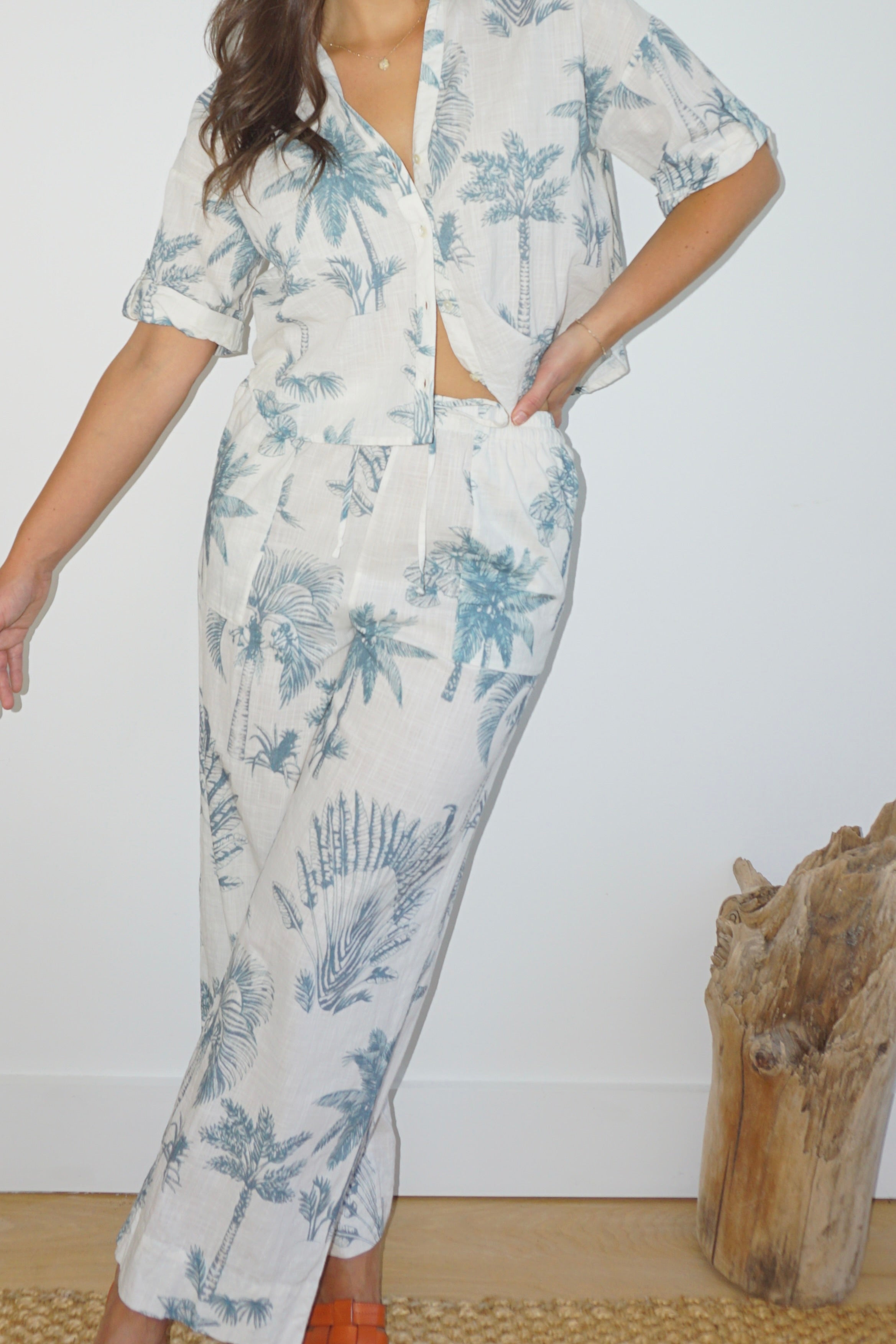 Brenna Pant in Faded Teal Palms
