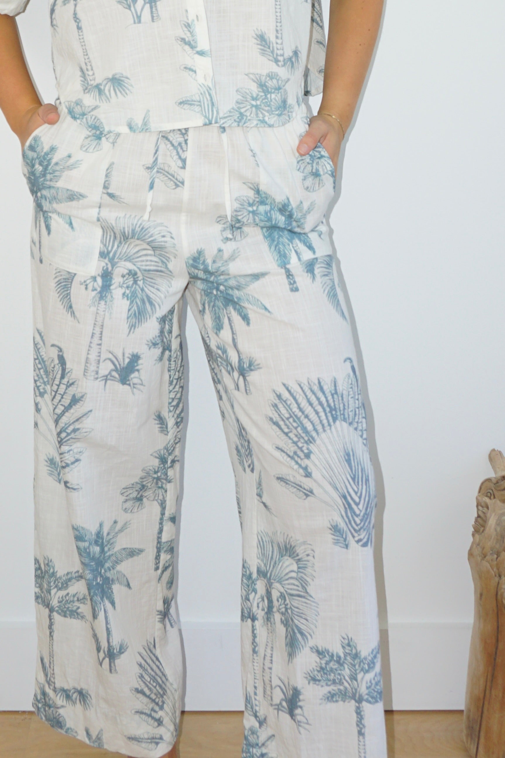 Brenna Pant in Faded Teal Palms