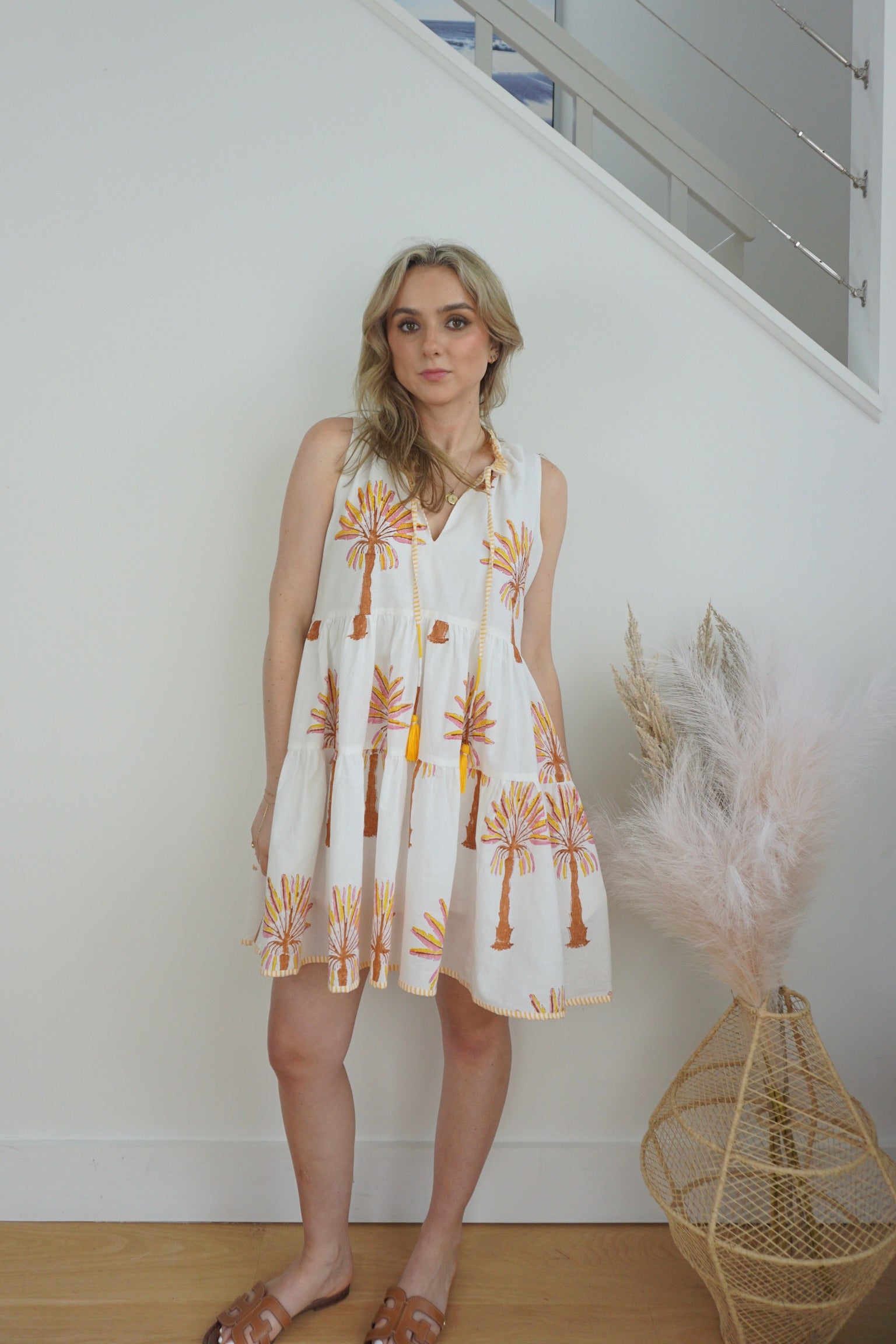 Molly Mini Dress - Yellow/Pink Palms