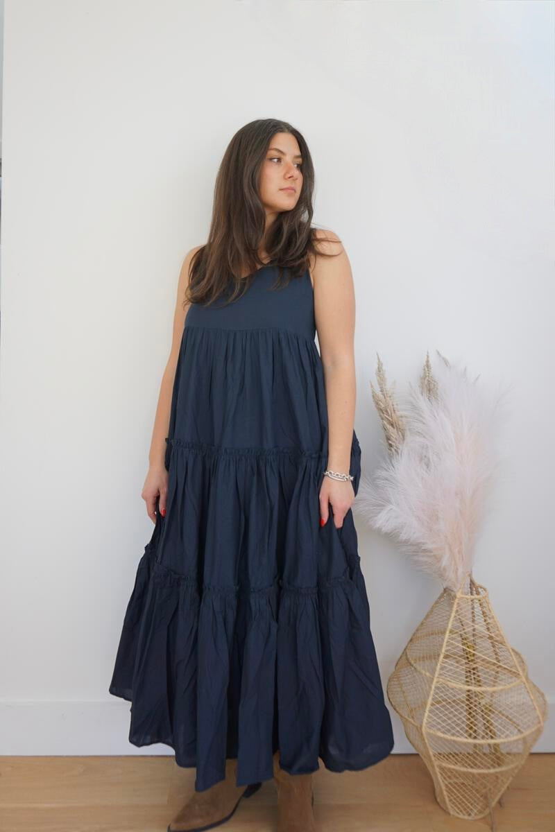 Donna Tiered Maxi Dress in Navy Poplin