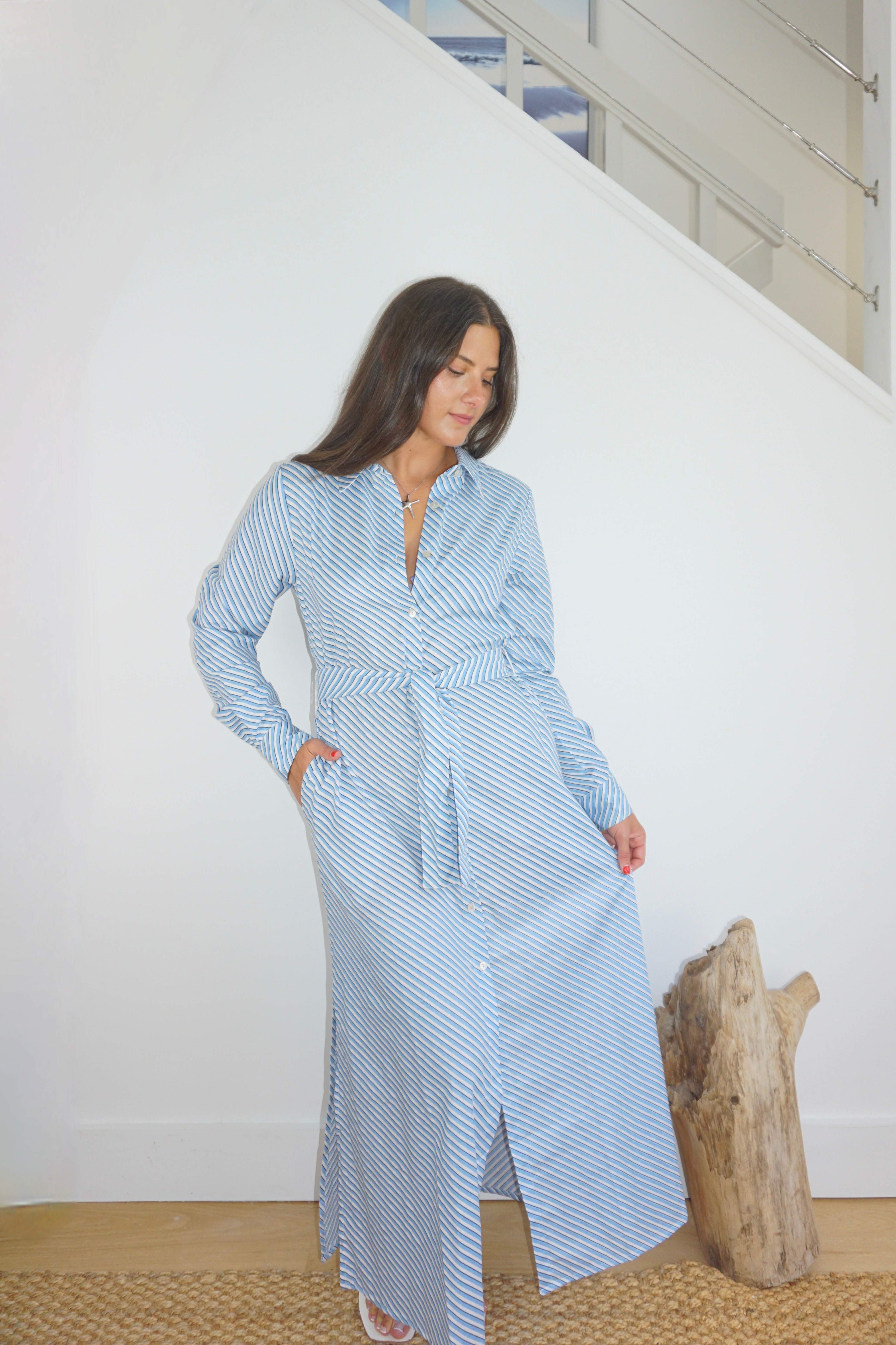 Caspian Dress in Blue Bias Stripe