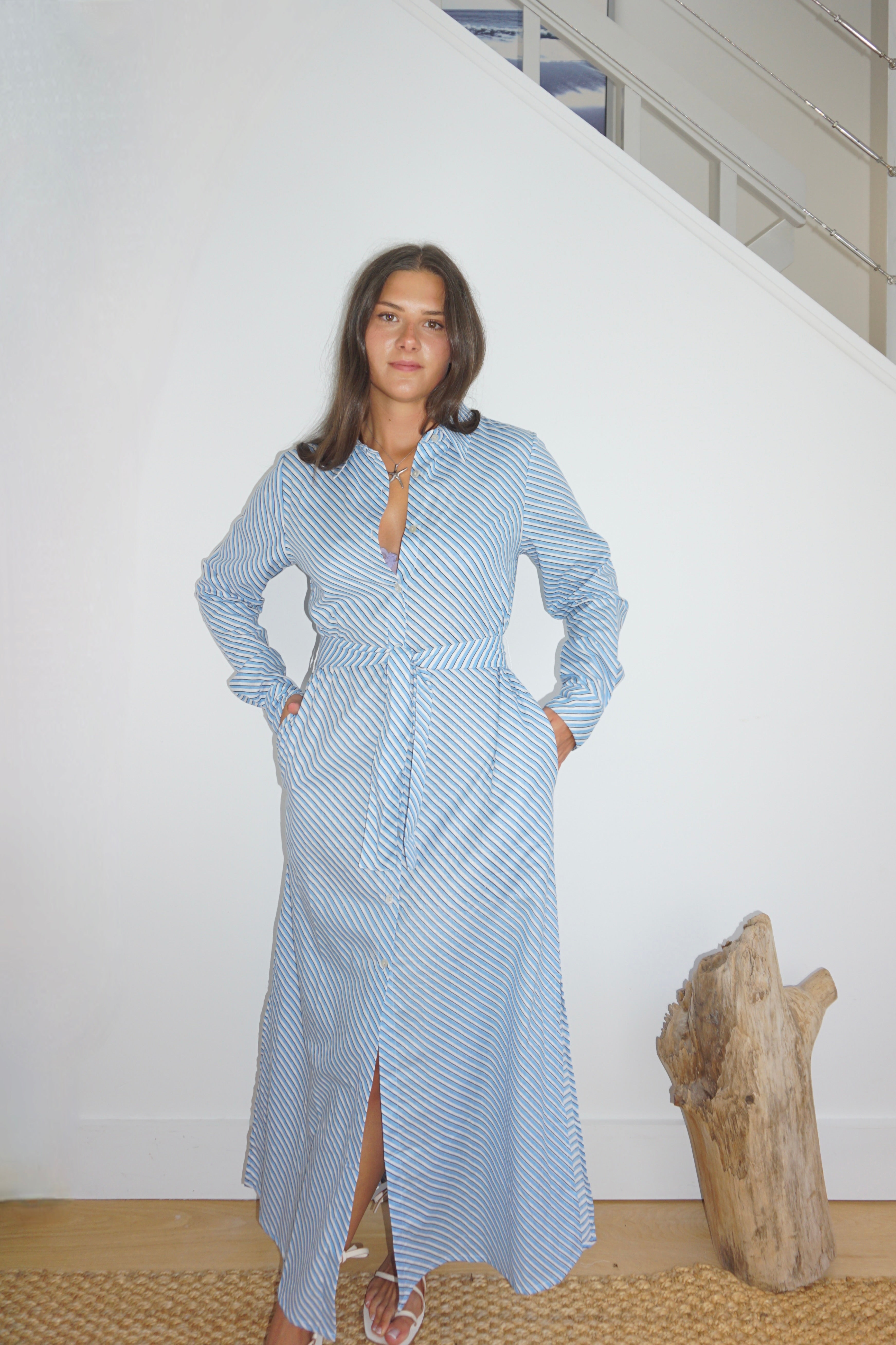 Caspian Dress in Blue Bias Stripe