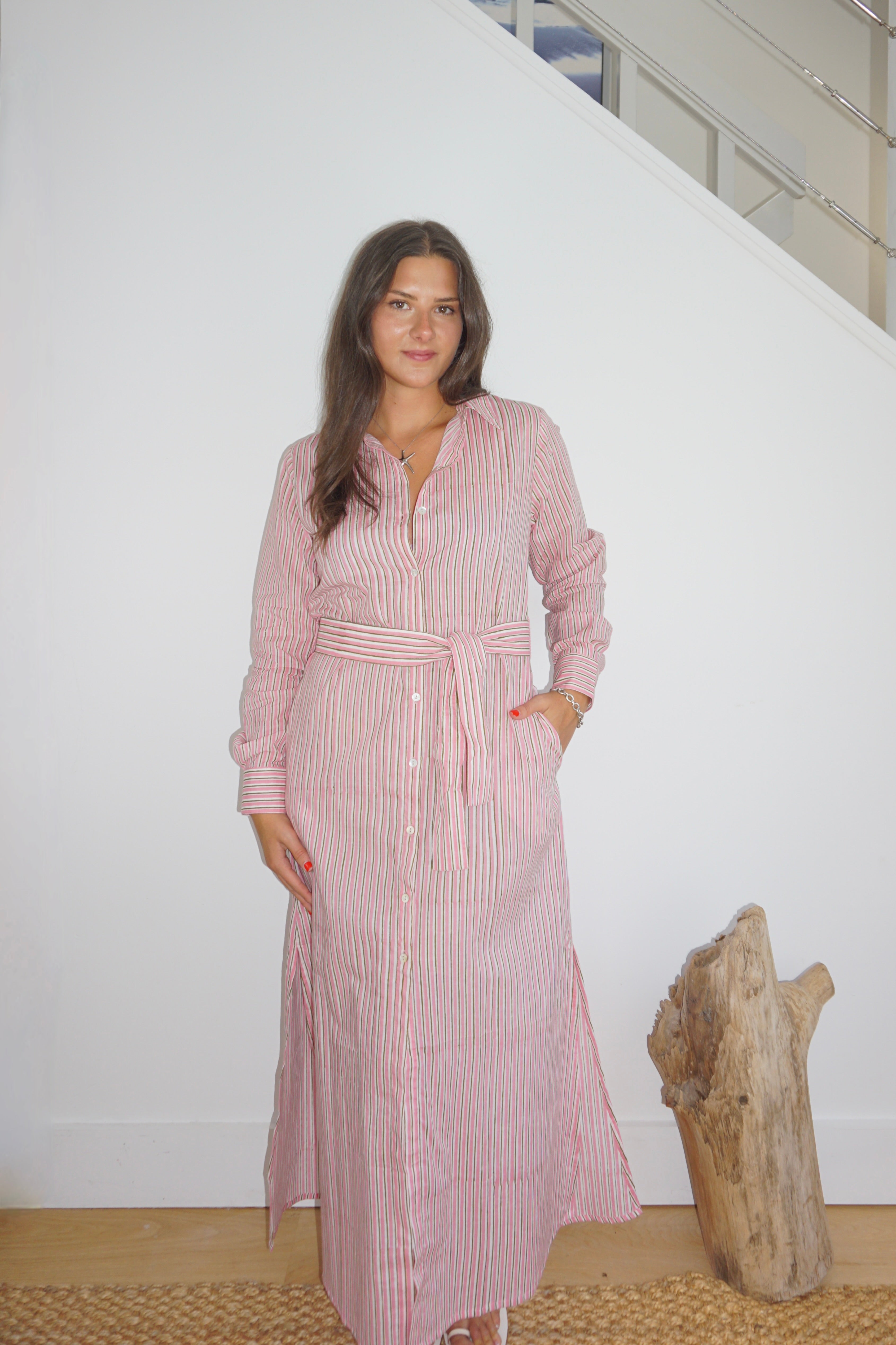 Caspian Dress in Pink Pinstripe