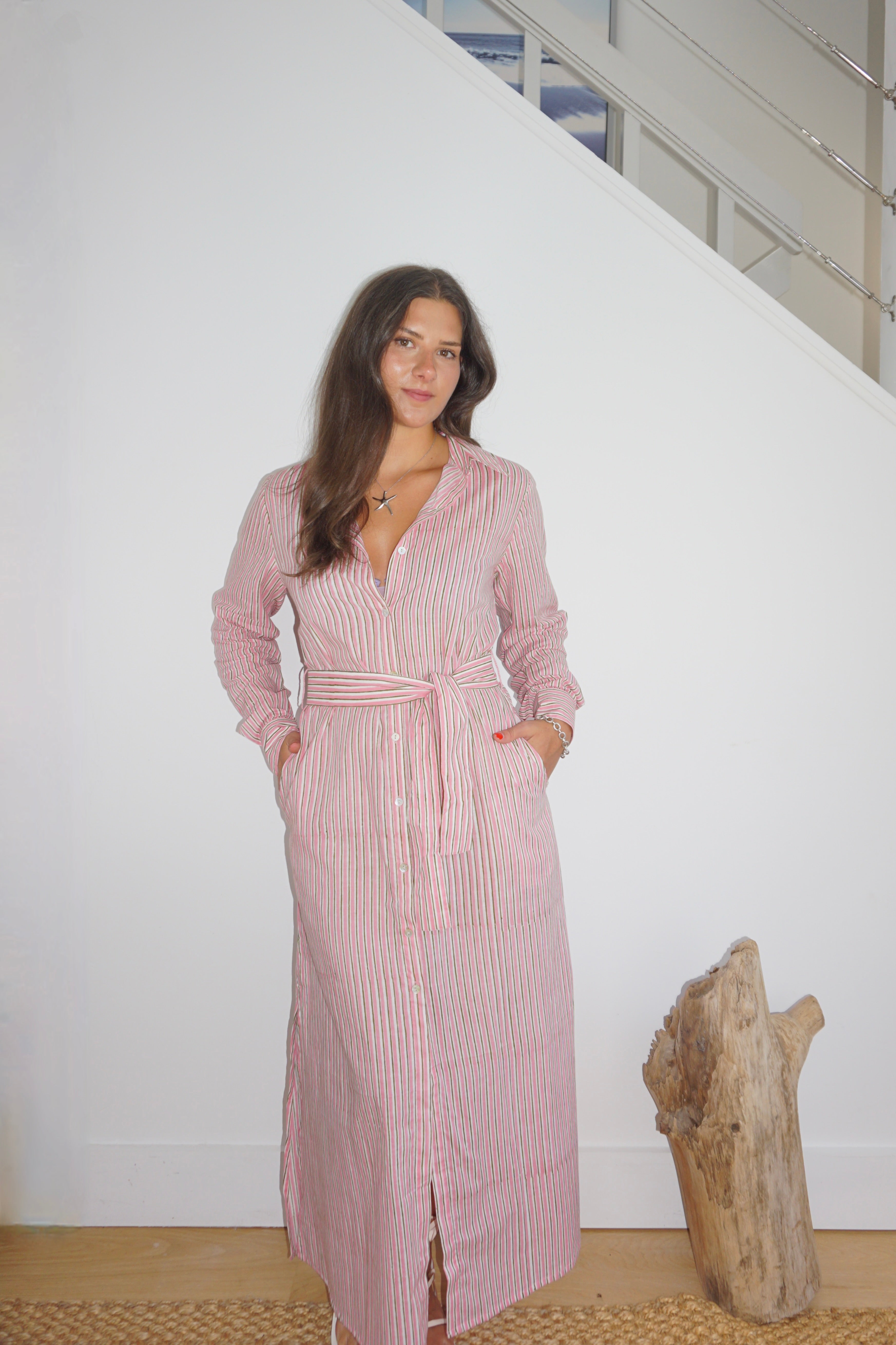 Caspian Dress in Pink Pinstripe