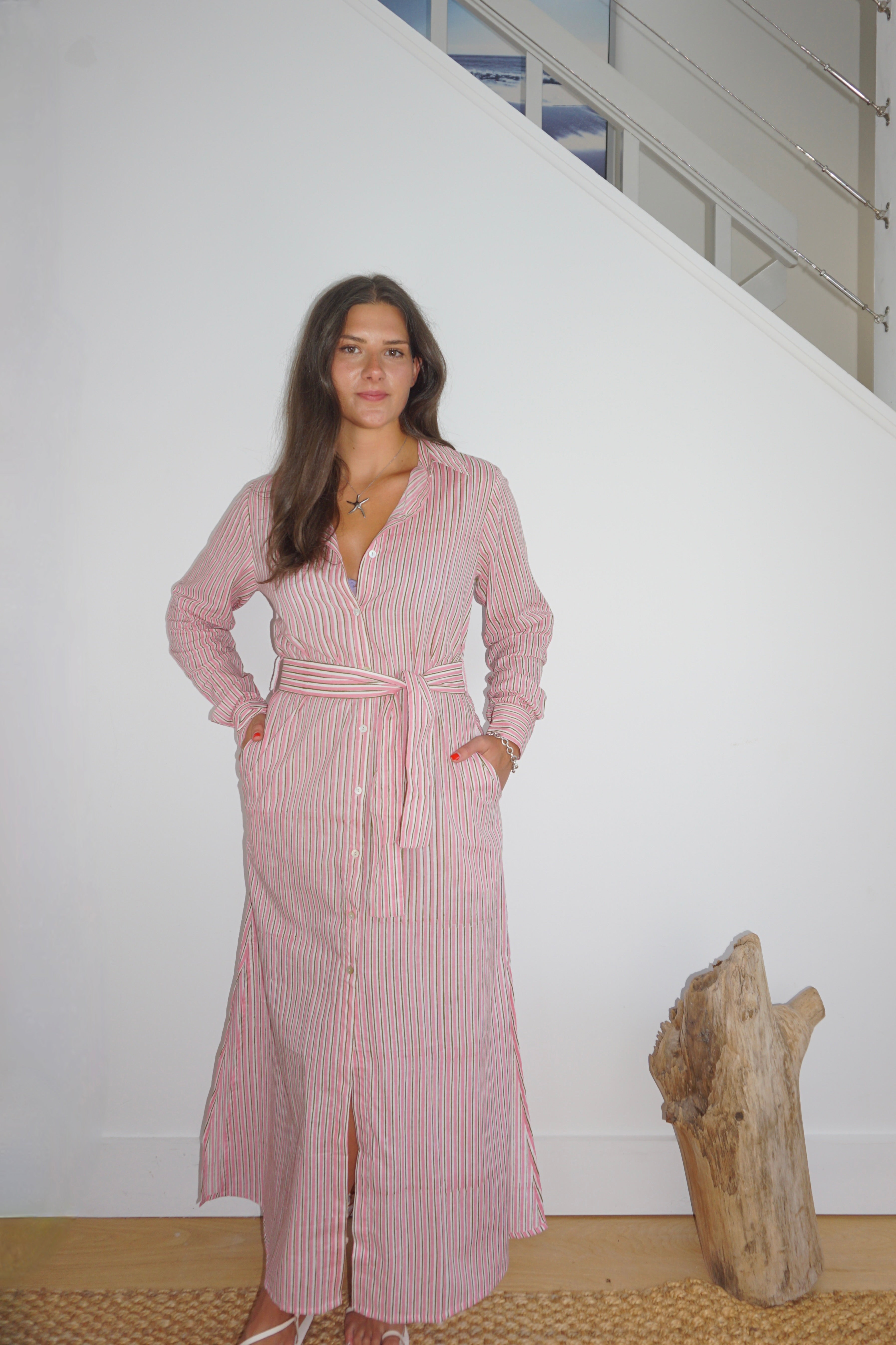 Caspian Dress in Pink Pinstripe