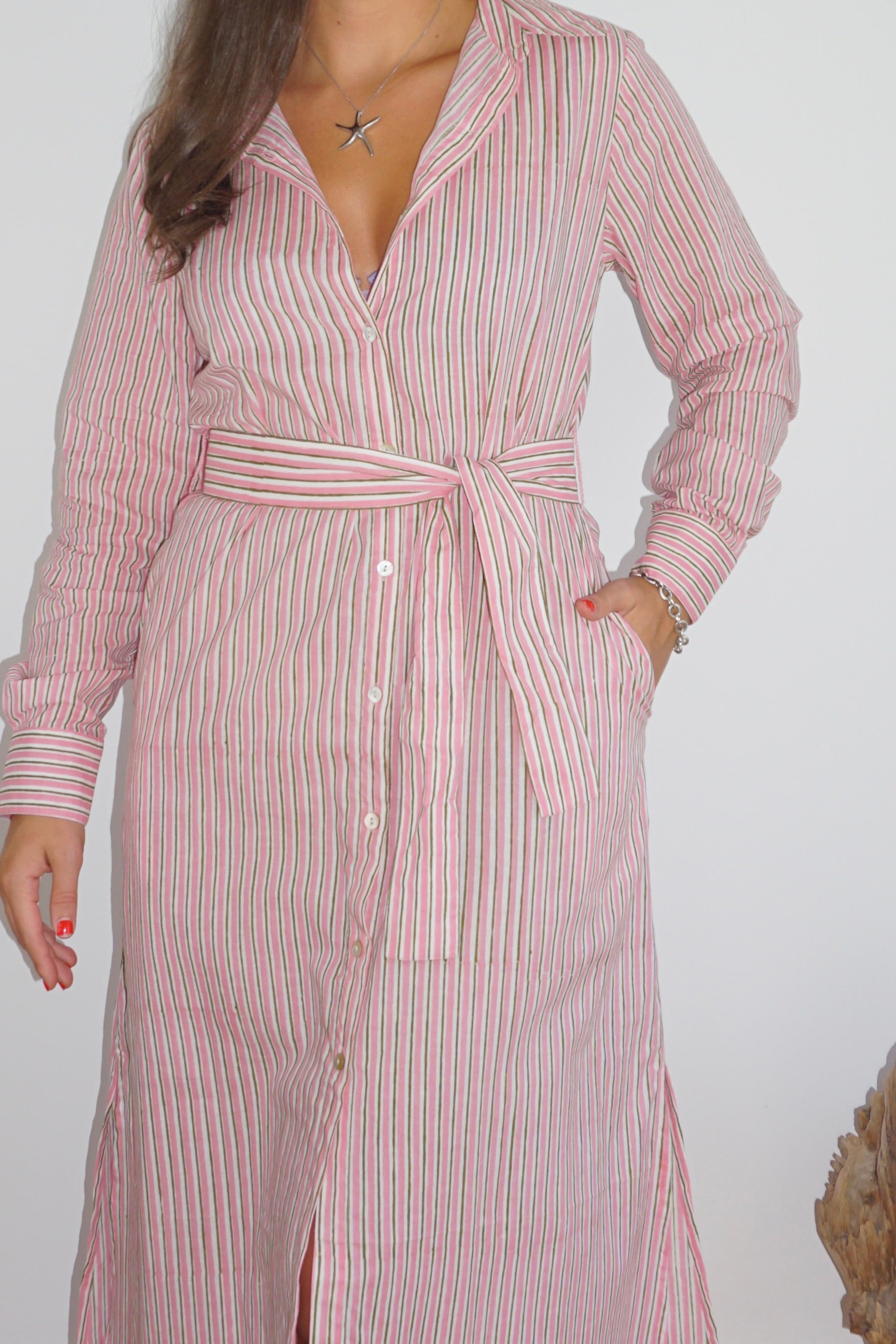 Caspian Dress in Pink Pinstripe