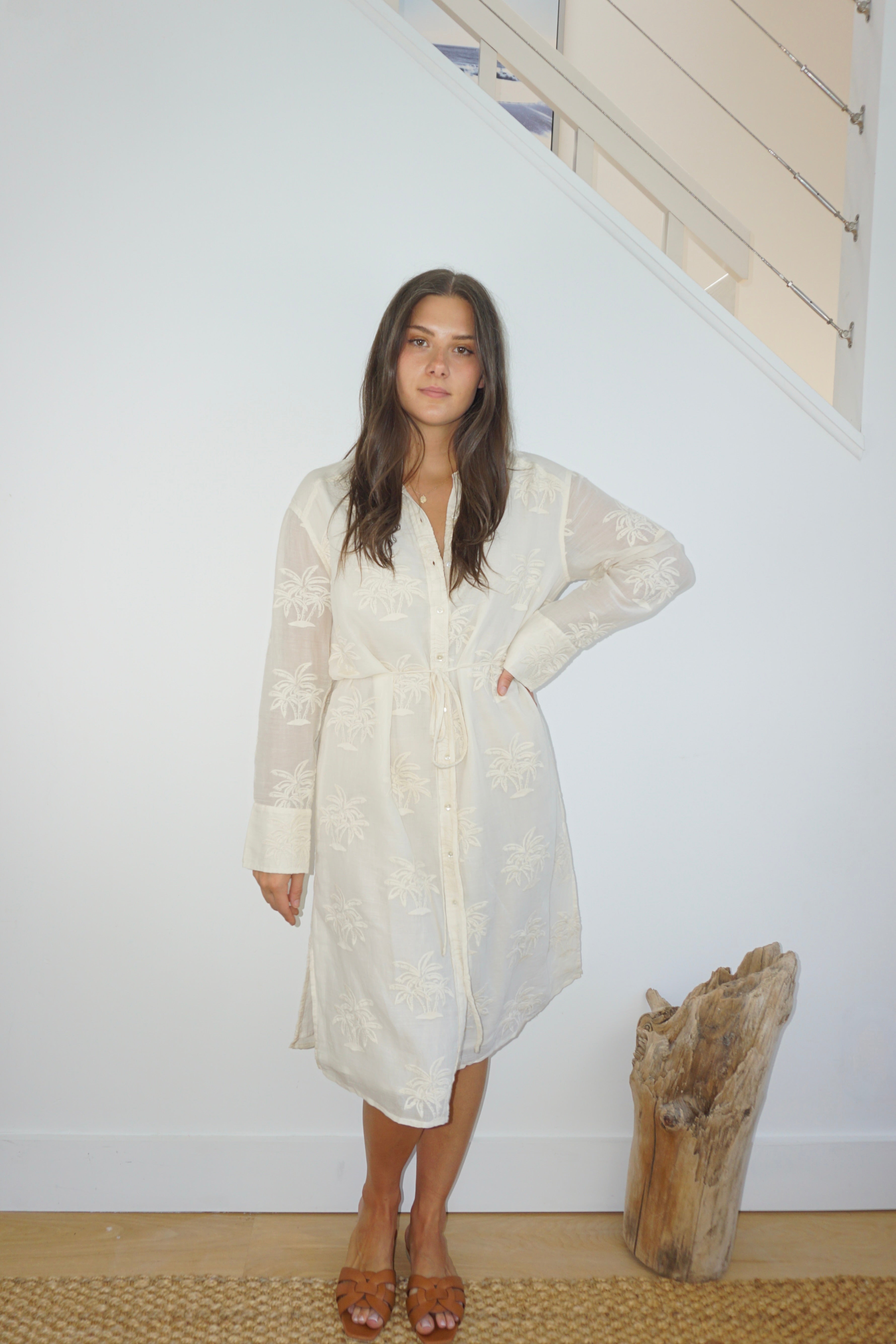 Chambers Sun Dress in Cream Palm Embroidery