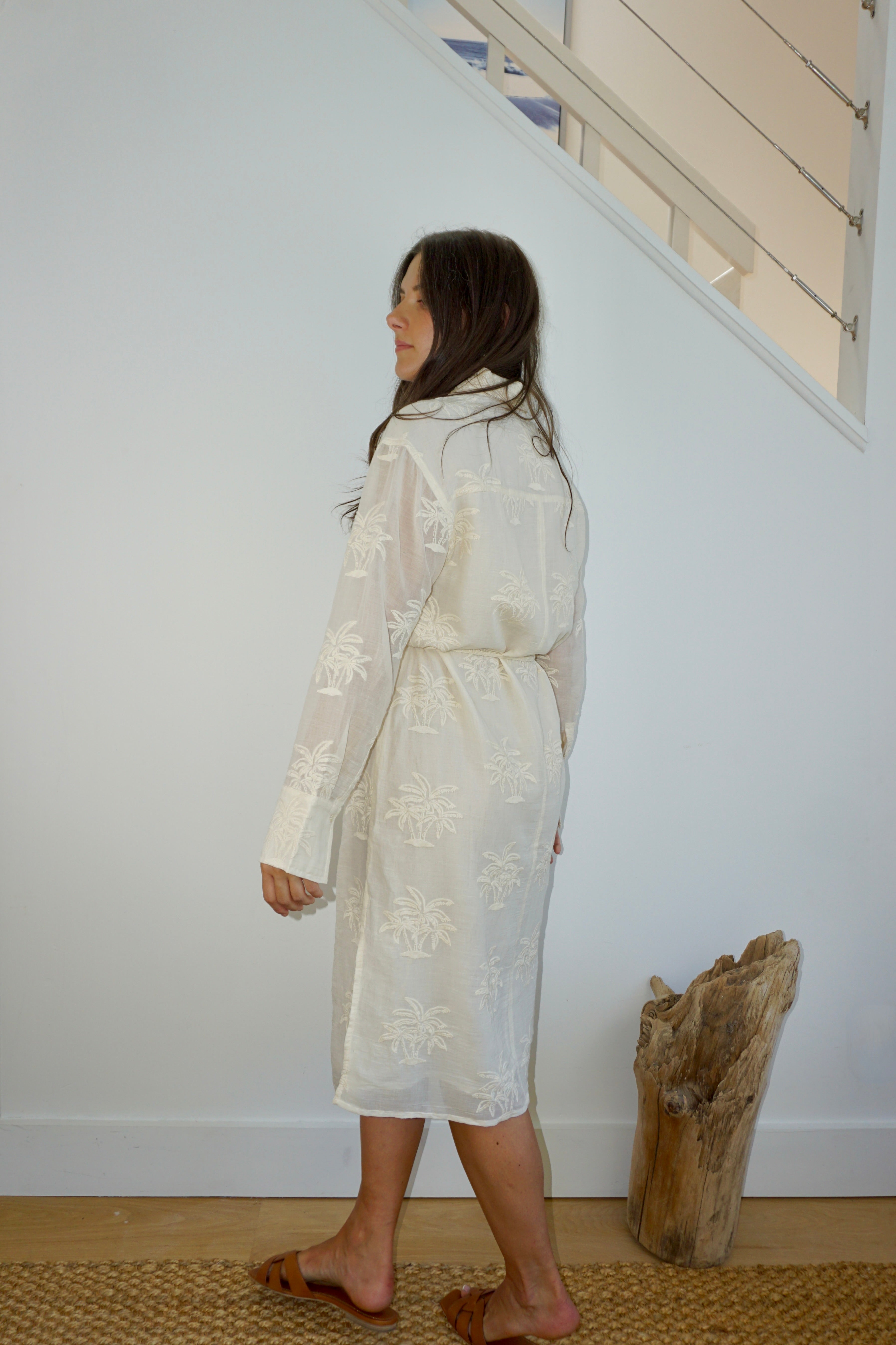 Chambers Sun Dress in Cream Palm Embroidery