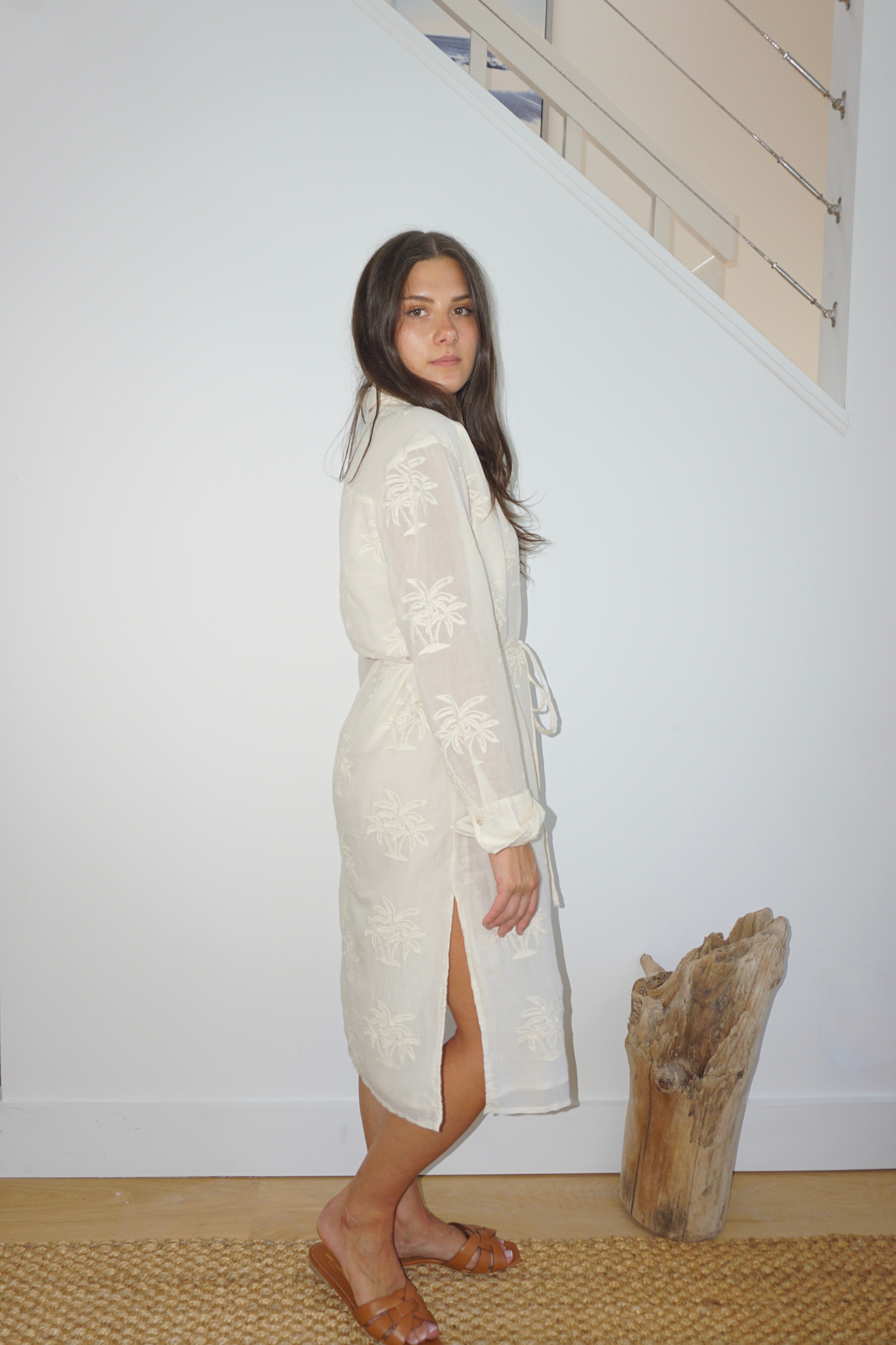 Chambers Sun Dress in Cream Palm Embroidery
