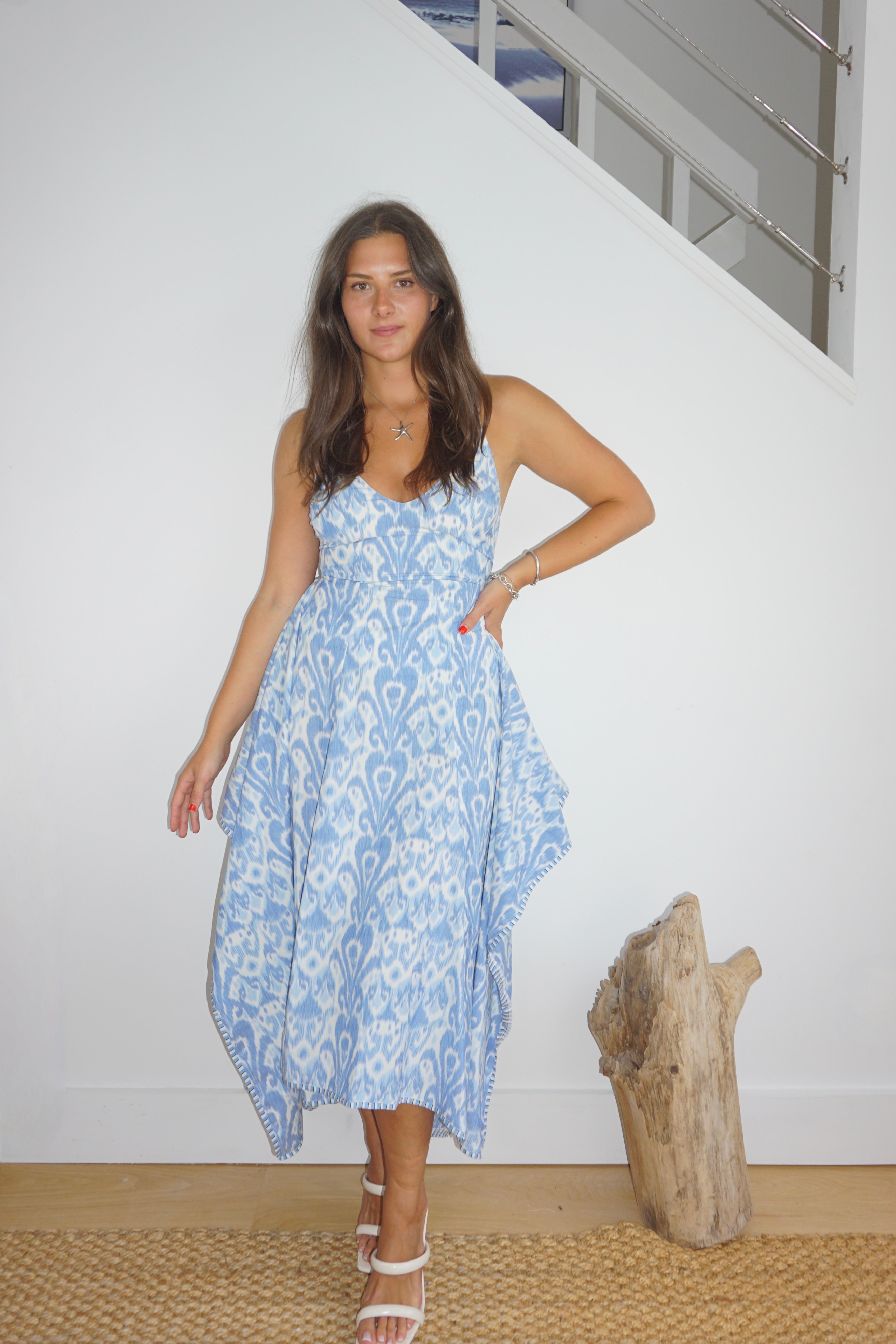Cross Back Dress in Faded Blue Ikat