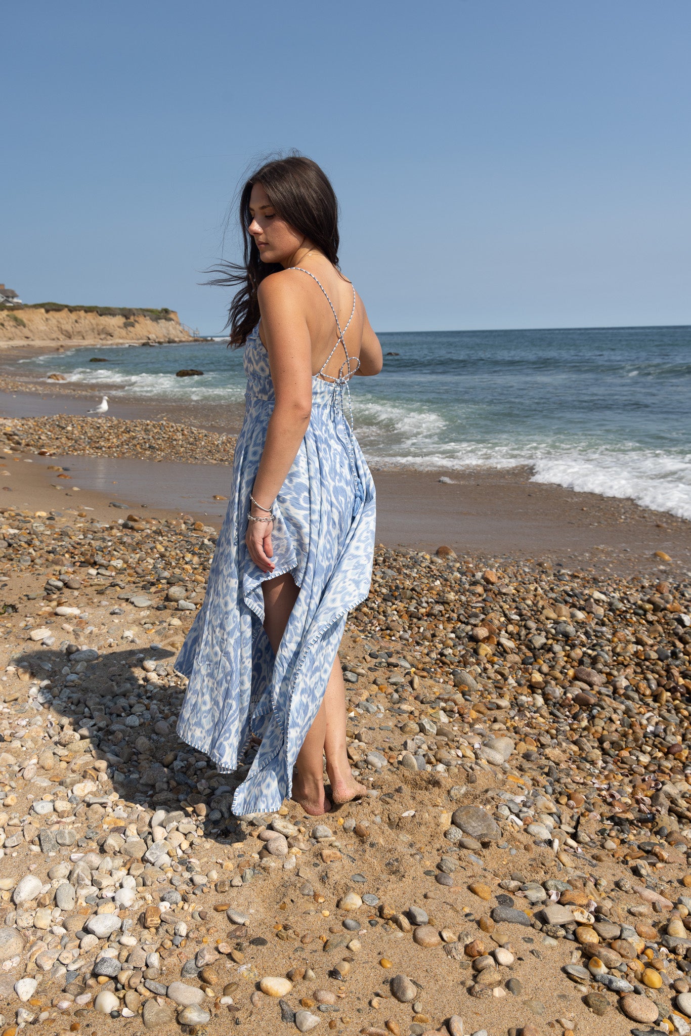 Cross Back Dress in Faded Blue Ikat