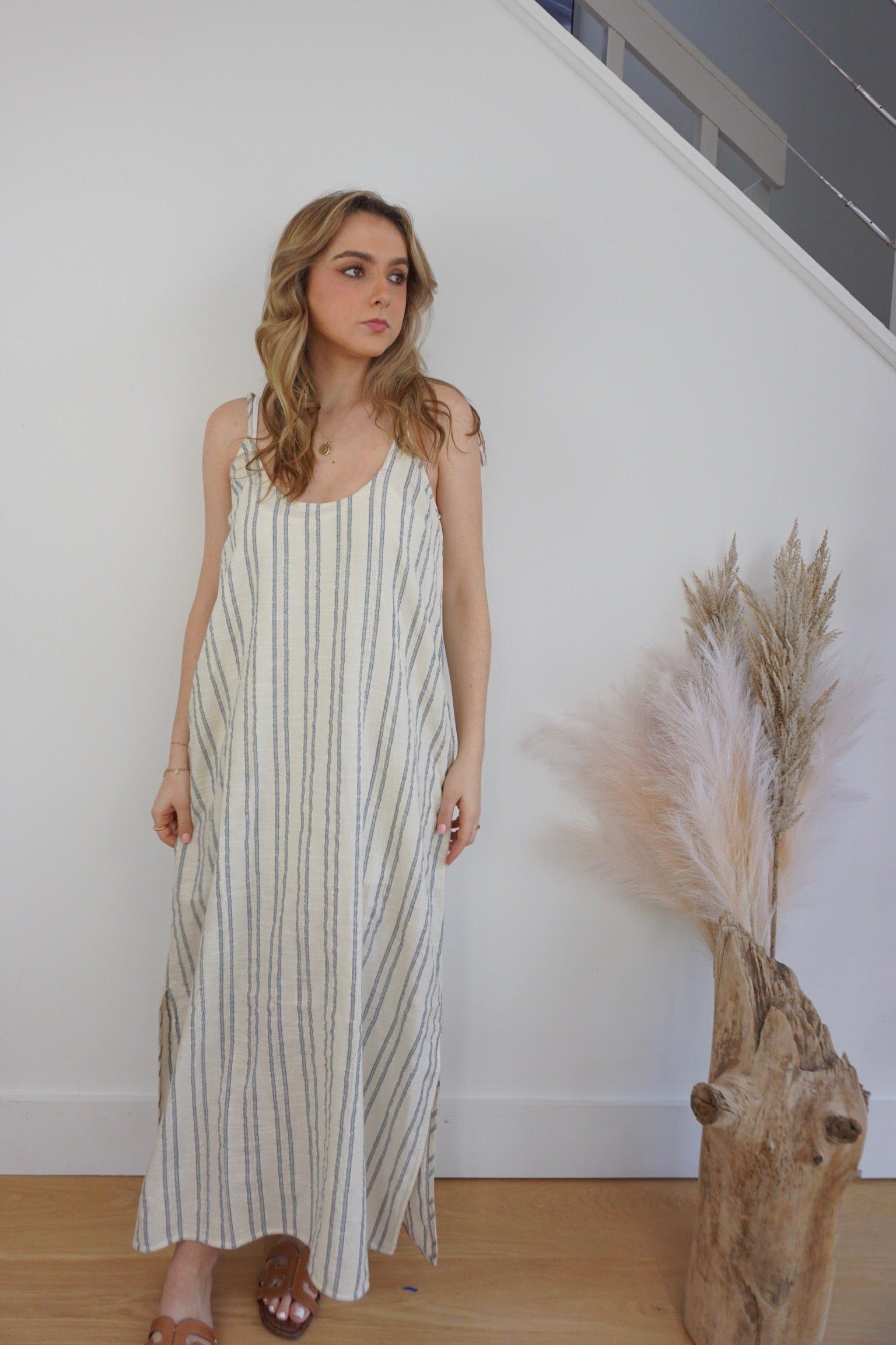 Asher Woven Slip Dress - Grey/Cream Stripe