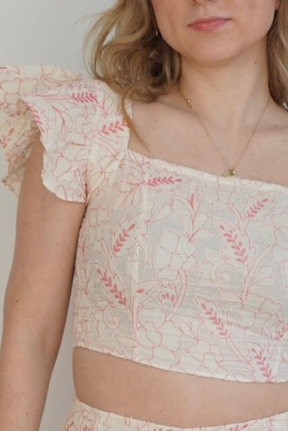 Cleo Cap Sleeve Top - Pink Jacquard