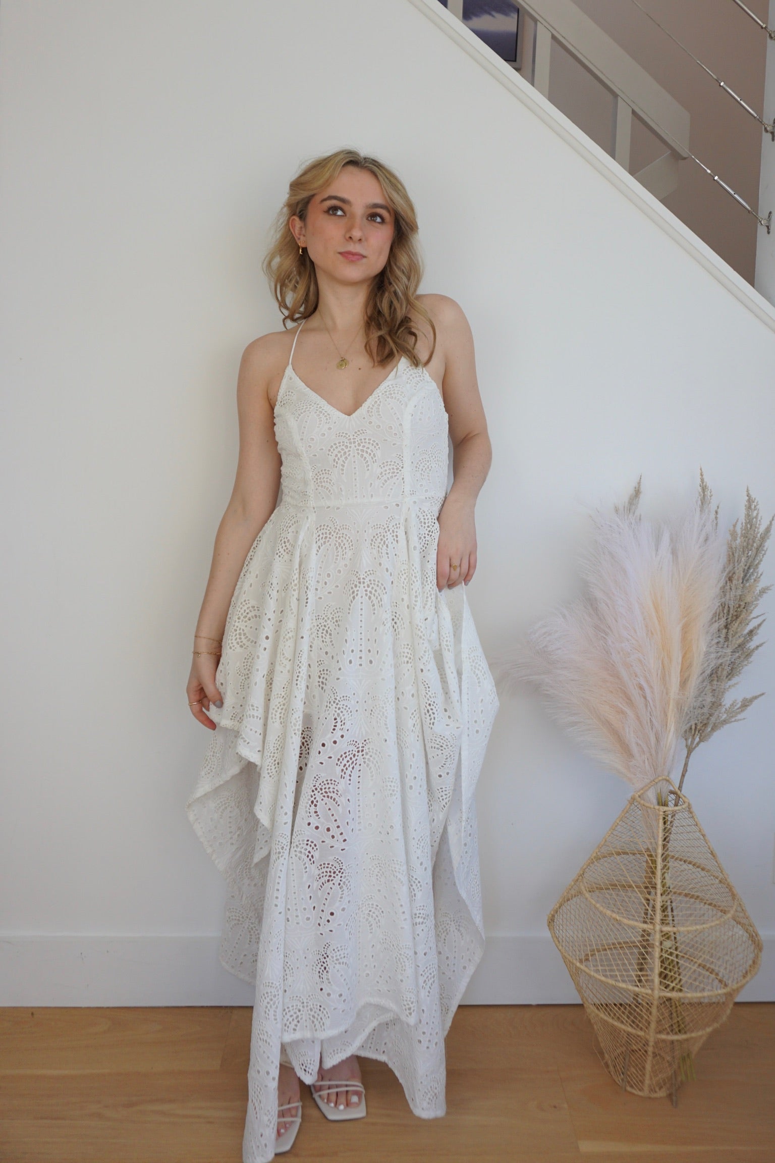 Palm Eyelet Cross Back Dress - White
