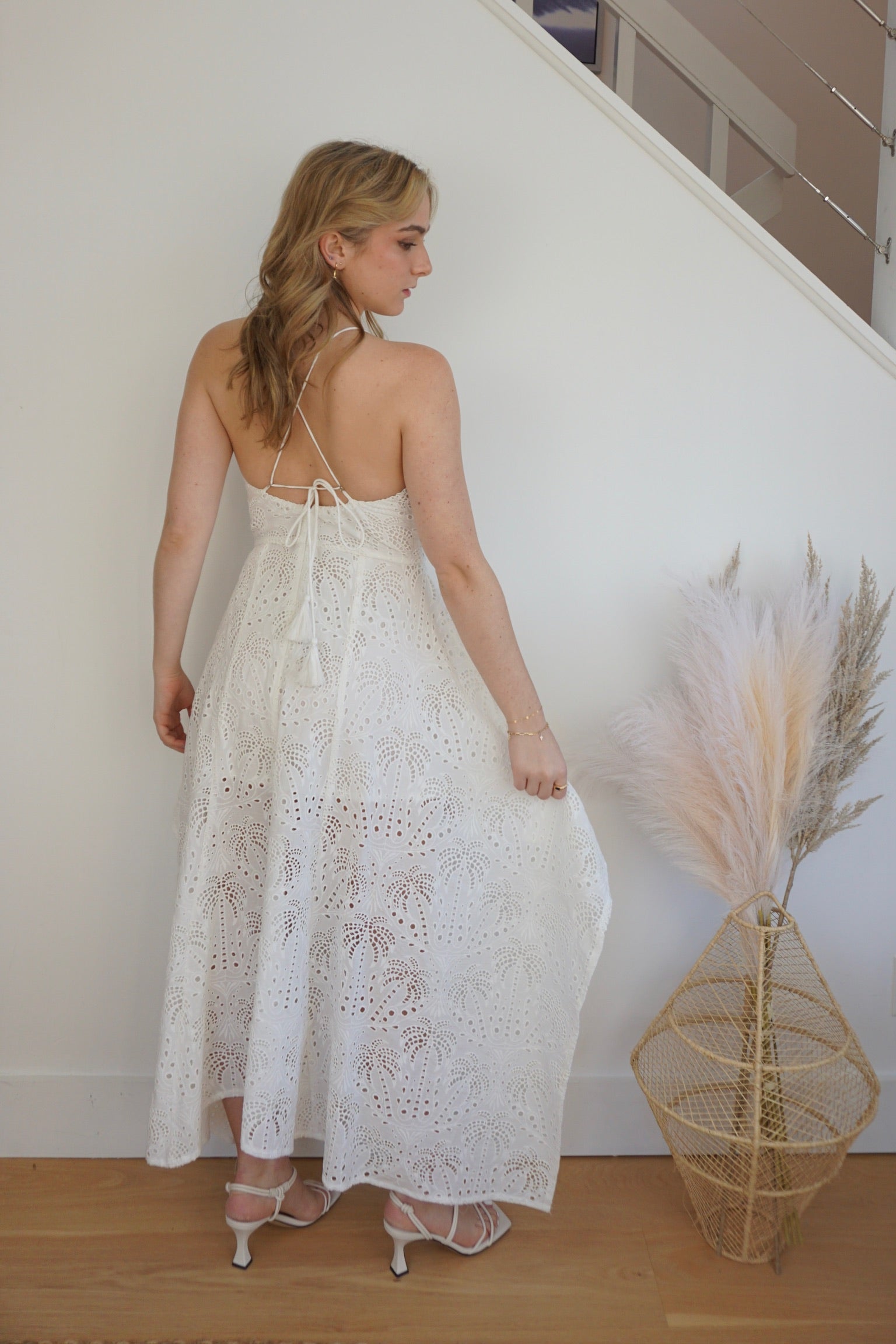 Palm Eyelet Cross Back Dress - White