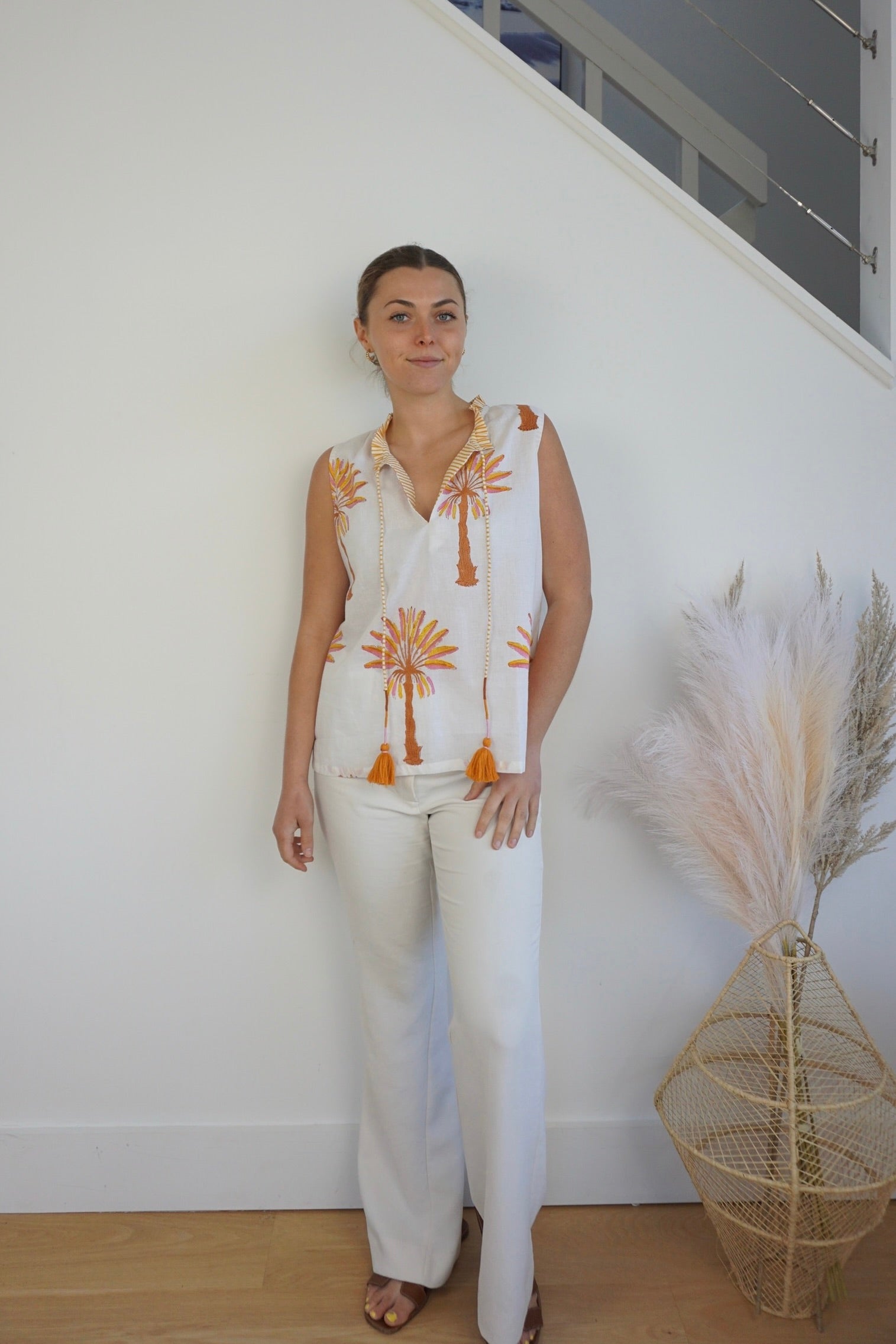 Joss Sleeveless Top - Pink/Yellow Palms