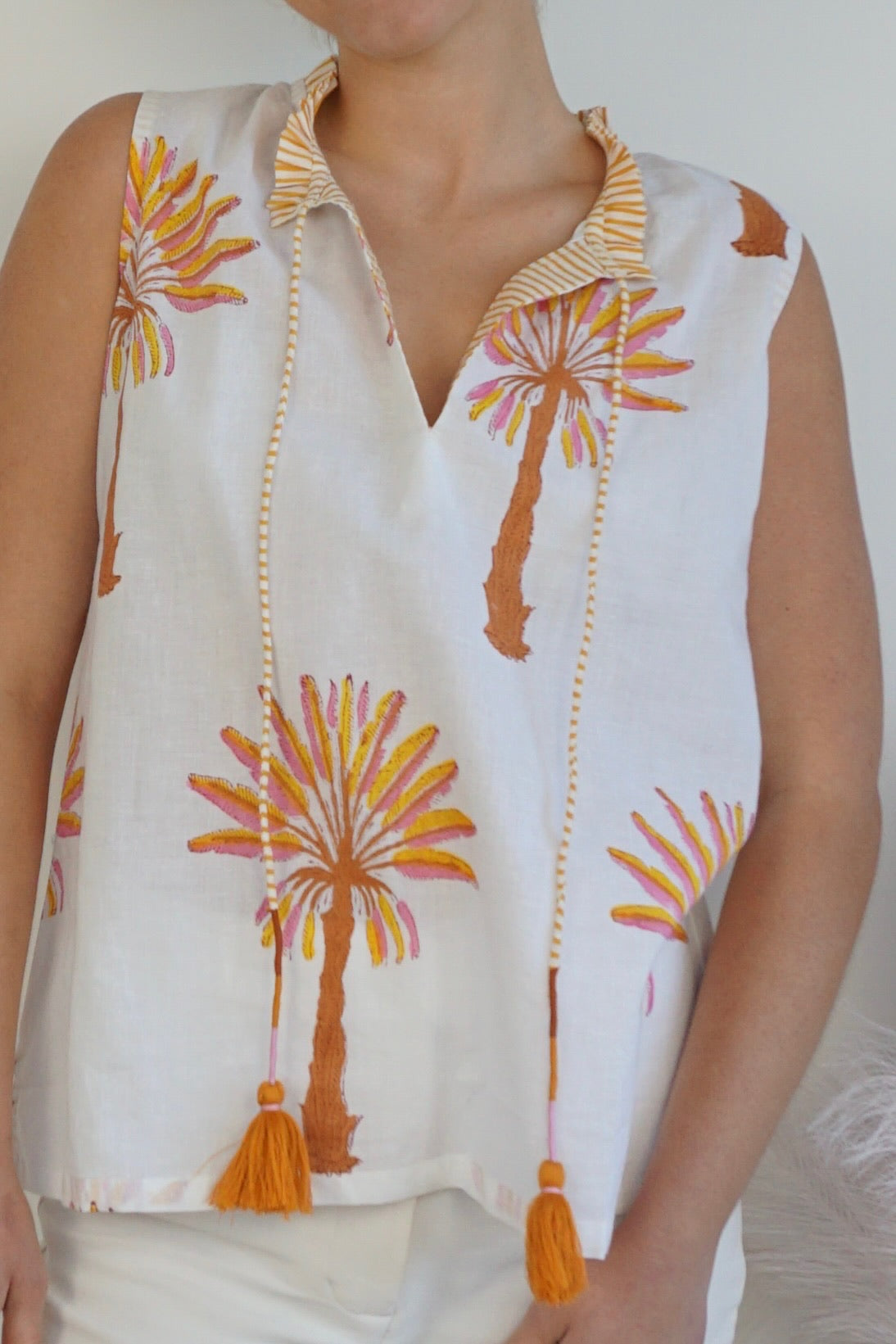 Joss Sleeveless Top - Pink/Yellow Palms