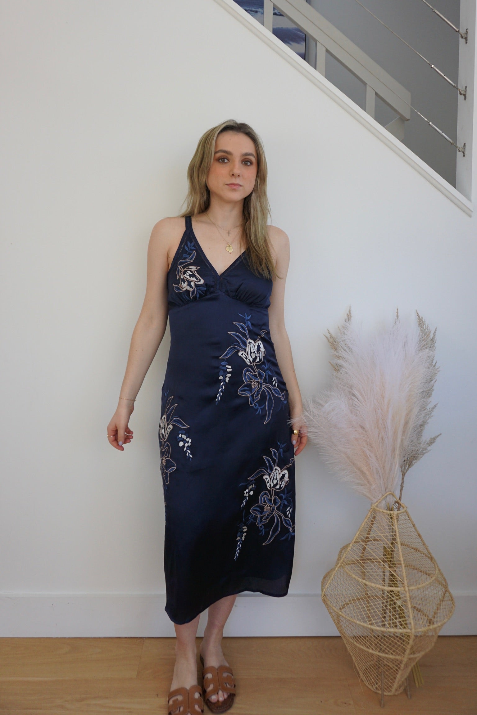 Romera Slip Dress - Navy / Embroidered