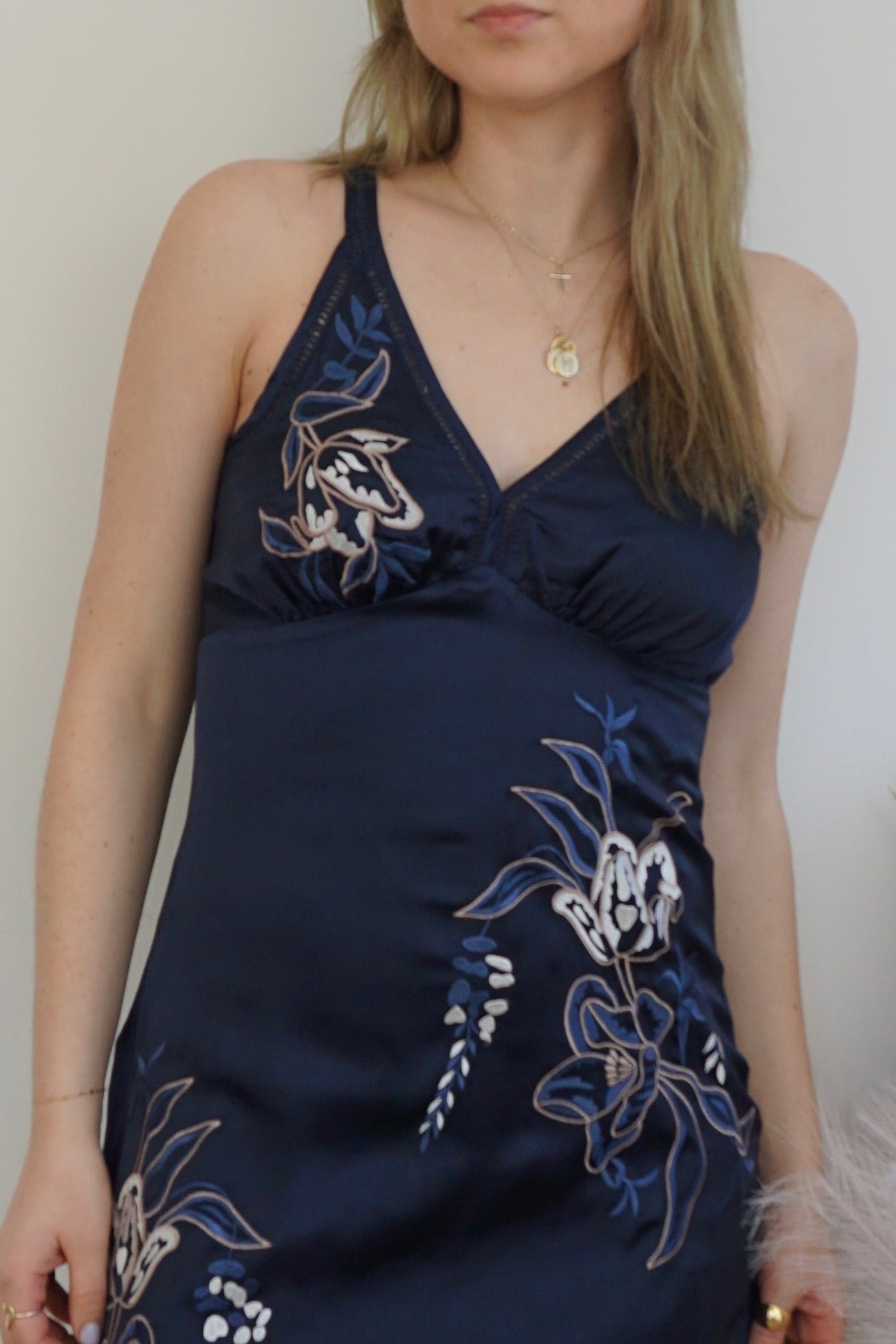 Romera Slip Dress - Navy / Embroidered