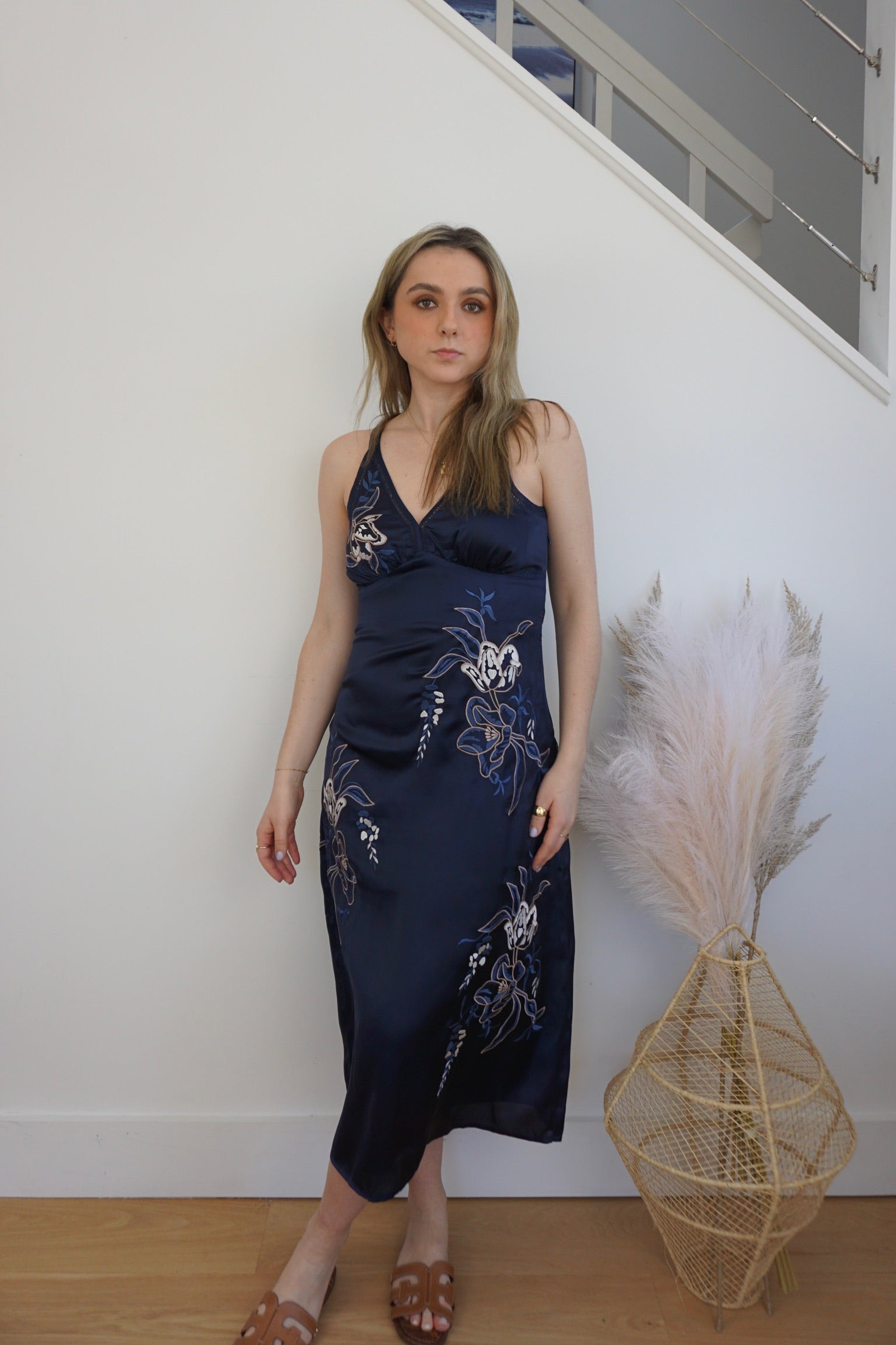Romera Slip Dress - Navy / Embroidered