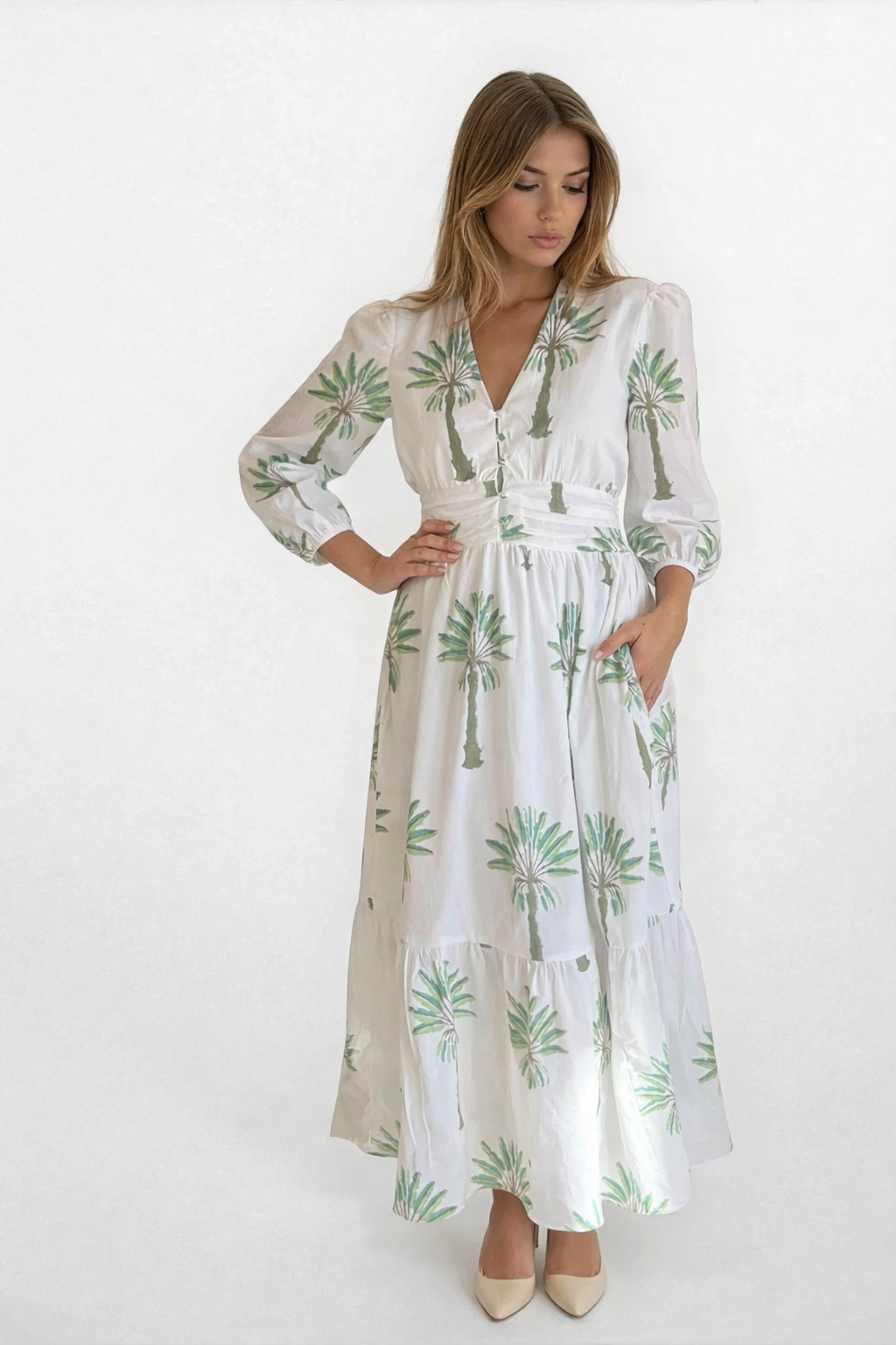 Eloise Midi Dress - Green Palms
