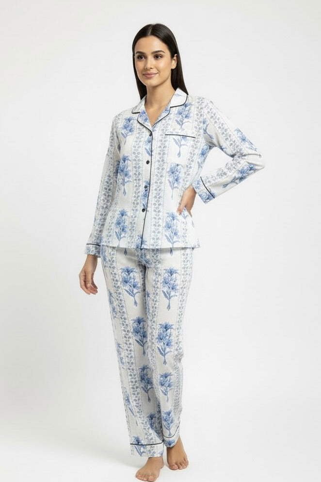 Gabriella Long Pajama Set in Blue Trellis