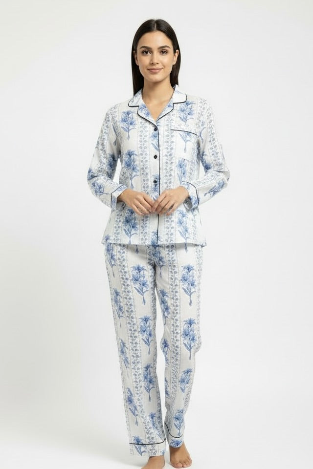 Gabriella Long Pajama Set in Blue Trellis