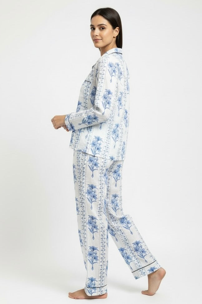Gabriella Long Pajama Set in Blue Trellis