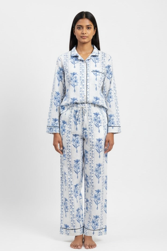 Gabriella Long Pajama Set in Blue Trellis