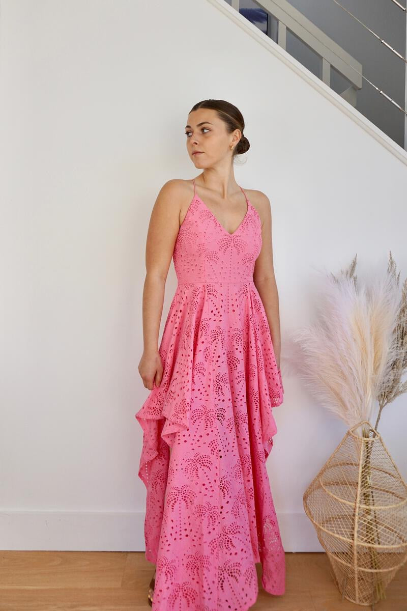 Palm Eyelet Cross Back Dress - Pink