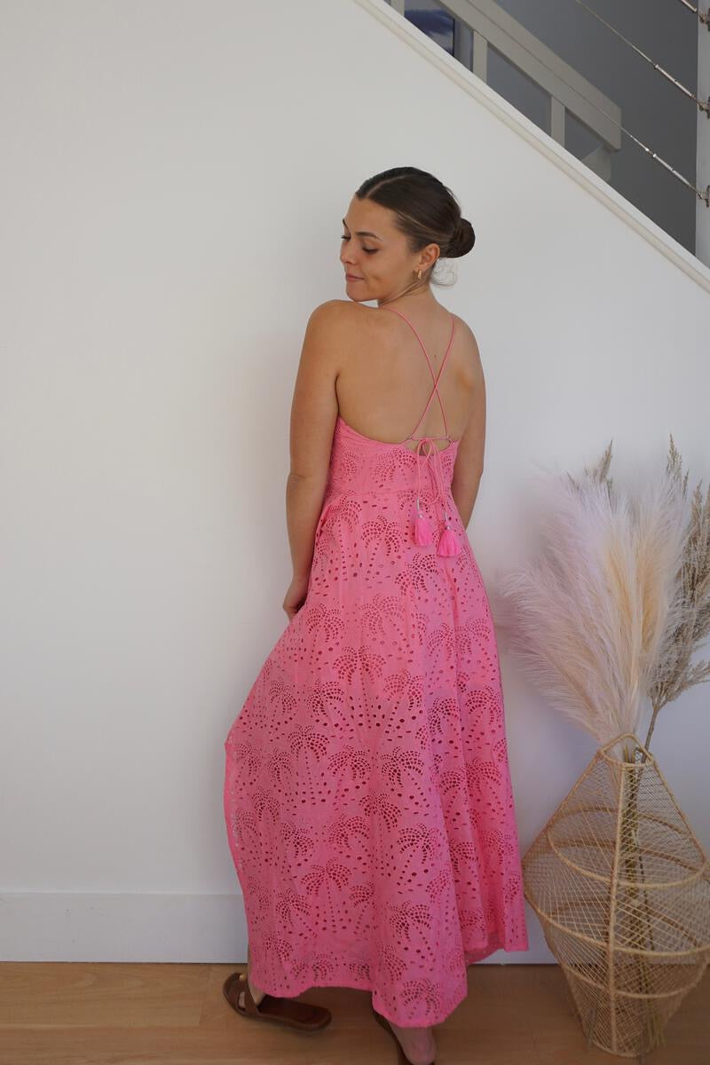 Palm Eyelet Cross Back Dress - Pink